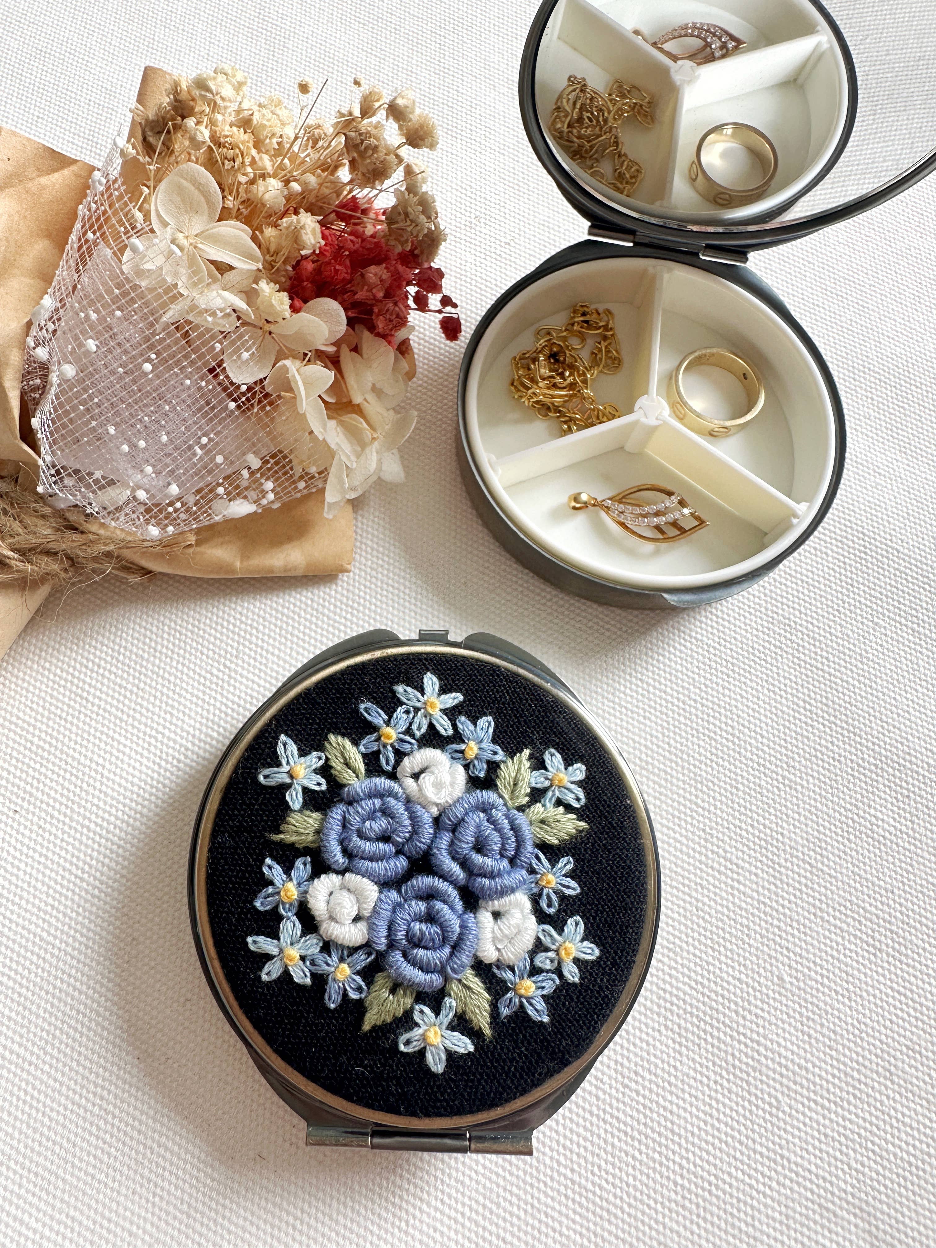 Floral Embroidered Round Jewelry Box With Mirror (In Stock✅): 2. Blue Roses