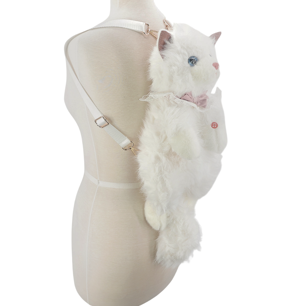 Cute Cat Plush Backpack in Polyester: White+Grey