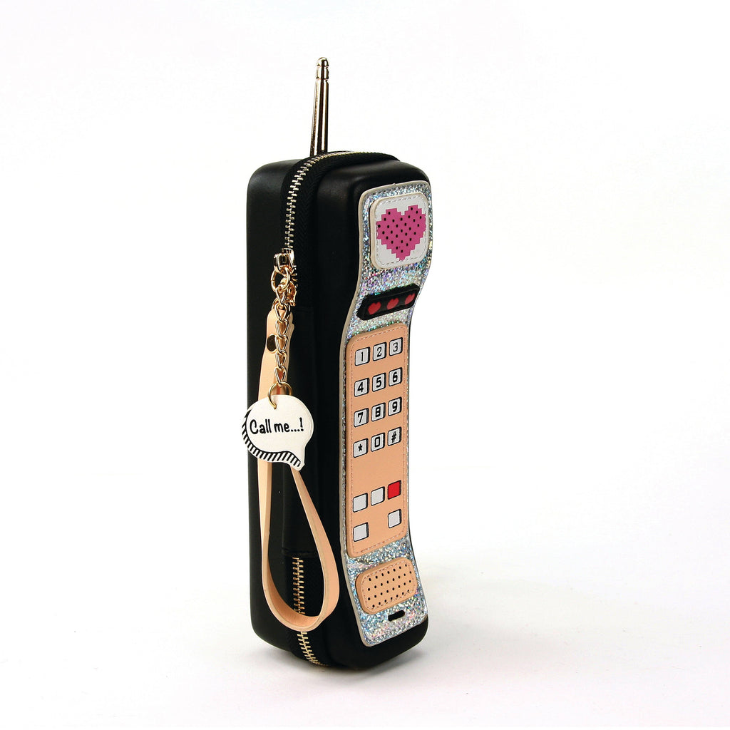 Handheld Vintage Phone Wristlet in Vinyl Material: Black