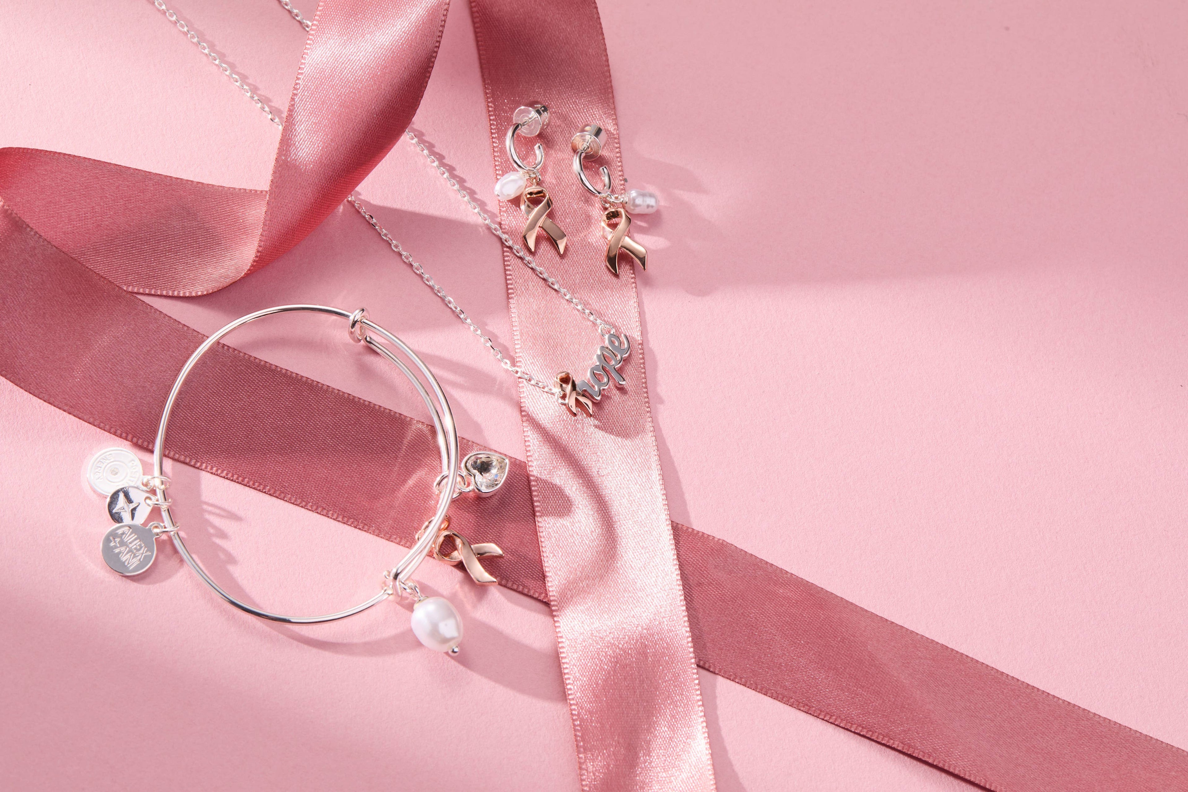 Breast Cancer Awareness Pink Ribbon Huggie Hoop Earrings: Two Tone