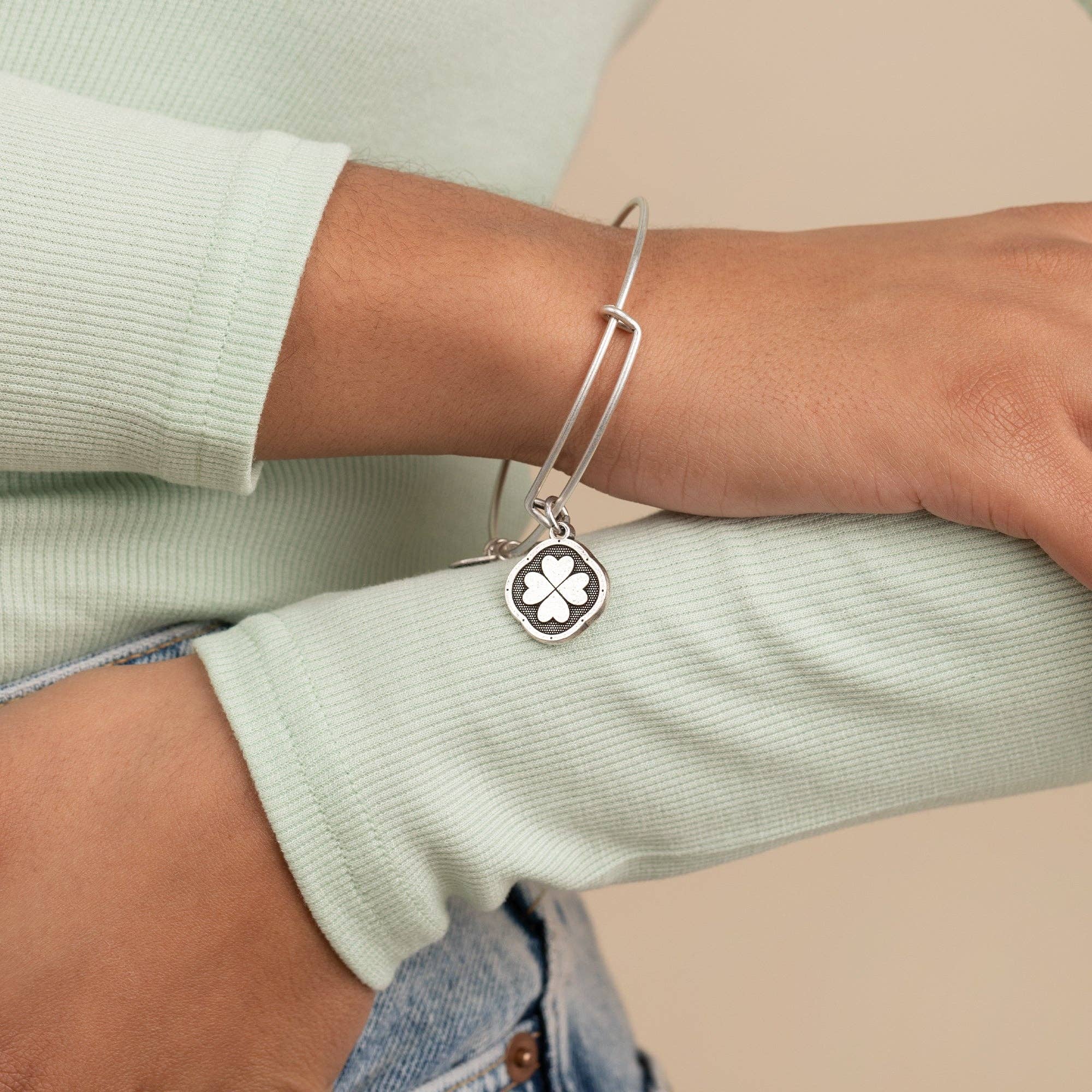 Four Leaf Clover Charm Bangle, 'Sweet Serendipity': Rafaelian Silver