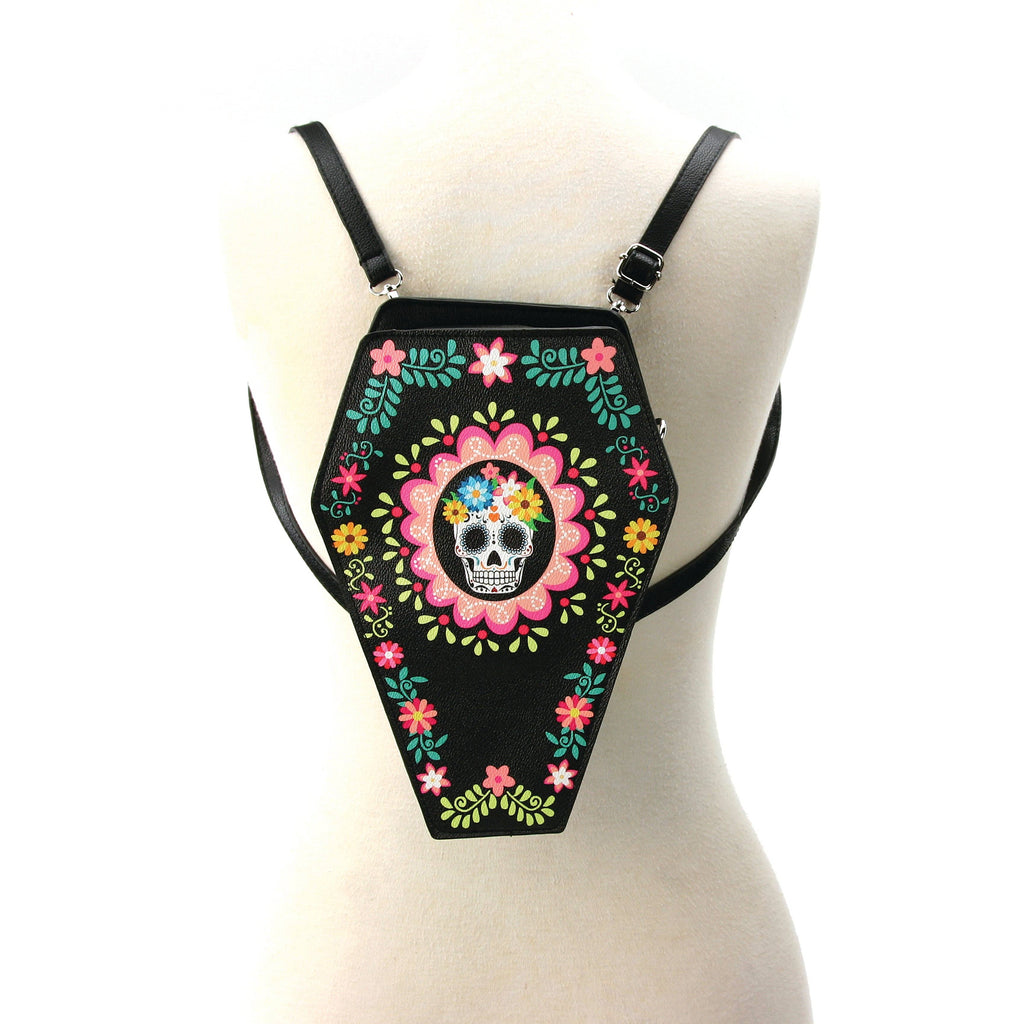 Sugar Skull Coffin Convertible Crossbody Bag Backpack in Vinyl Material