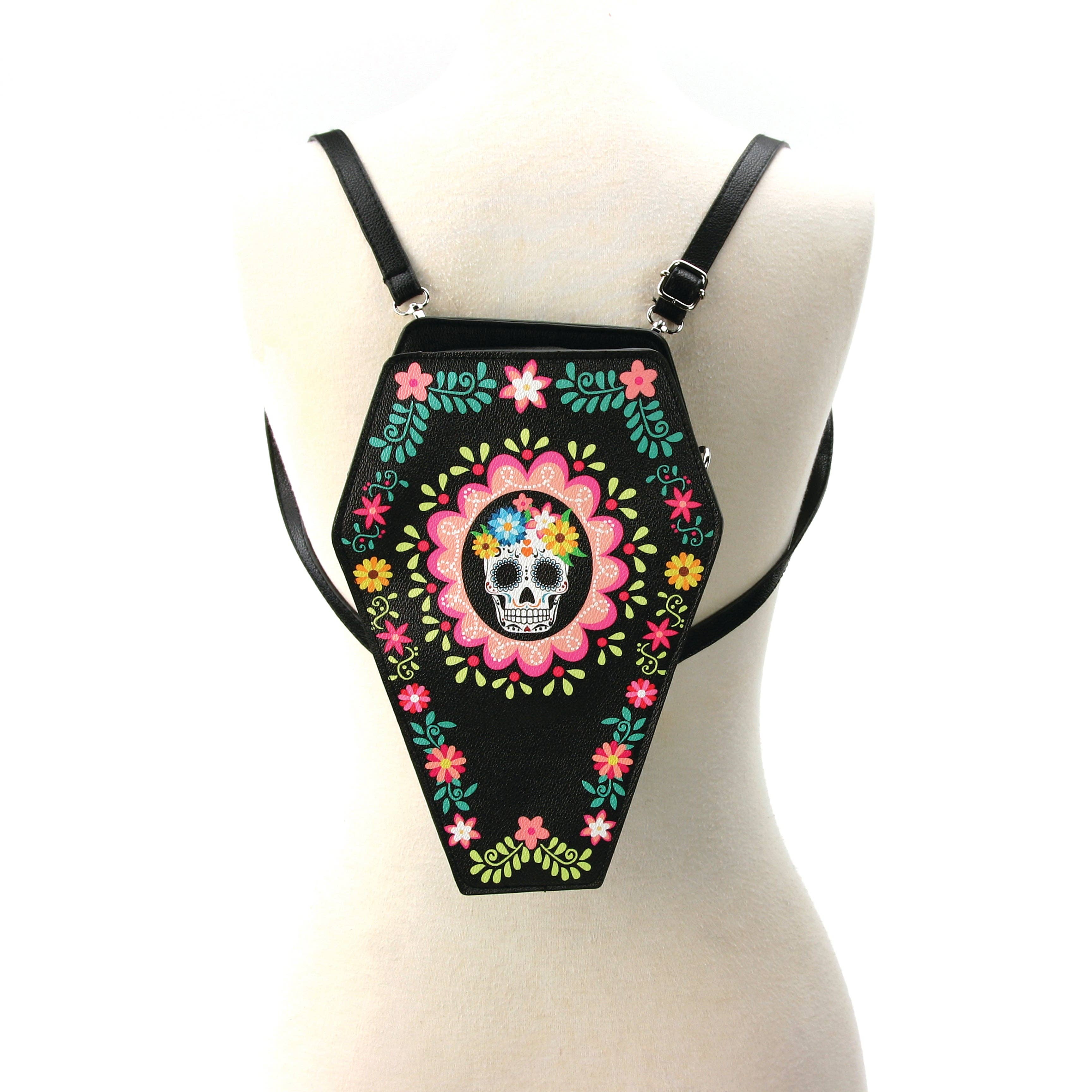 Sugar Skull Coffin Convertible Crossbody Bag Backpack in Vinyl Material