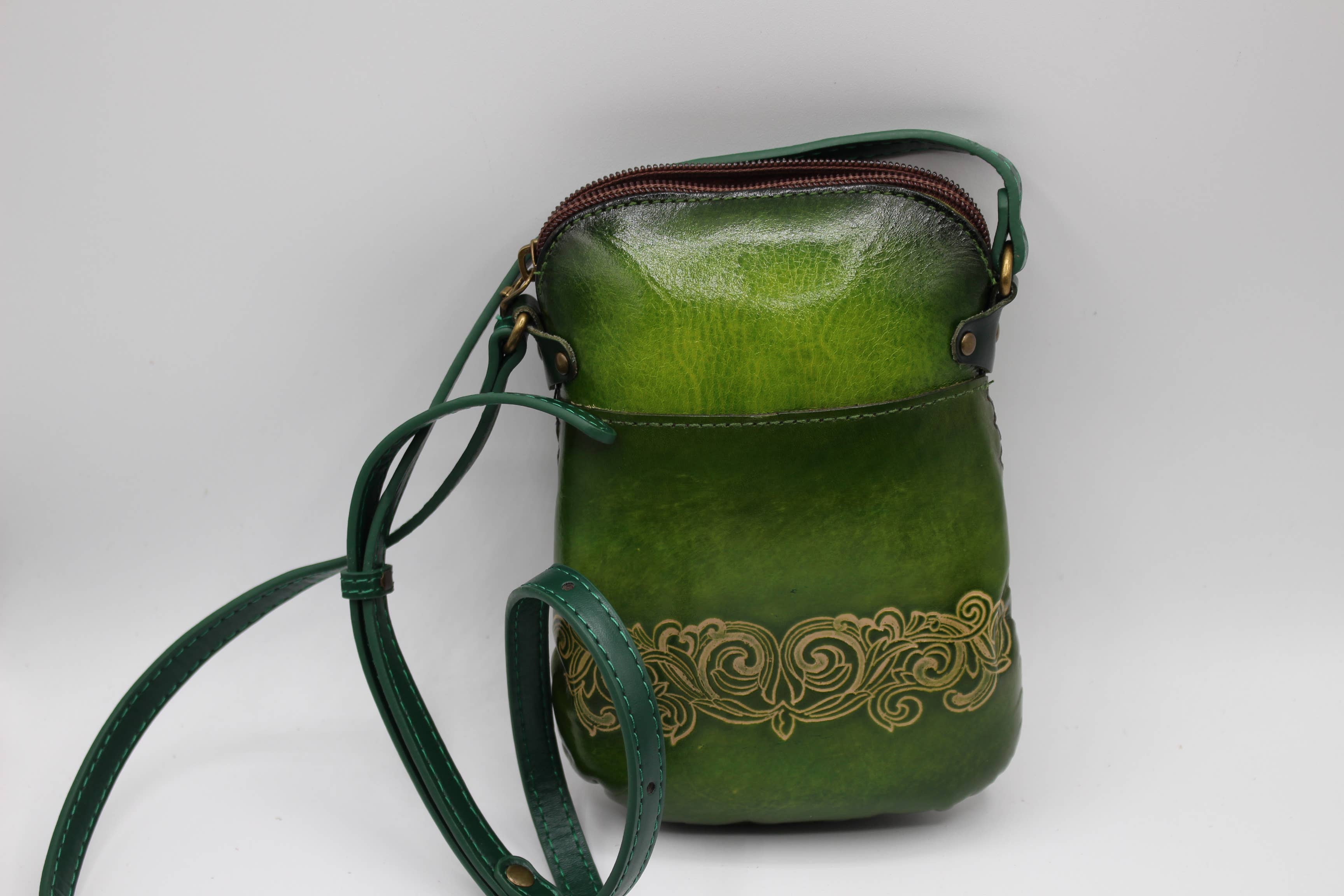 Leather Tree of Life Rectangle Pouch purse handbag: Green
