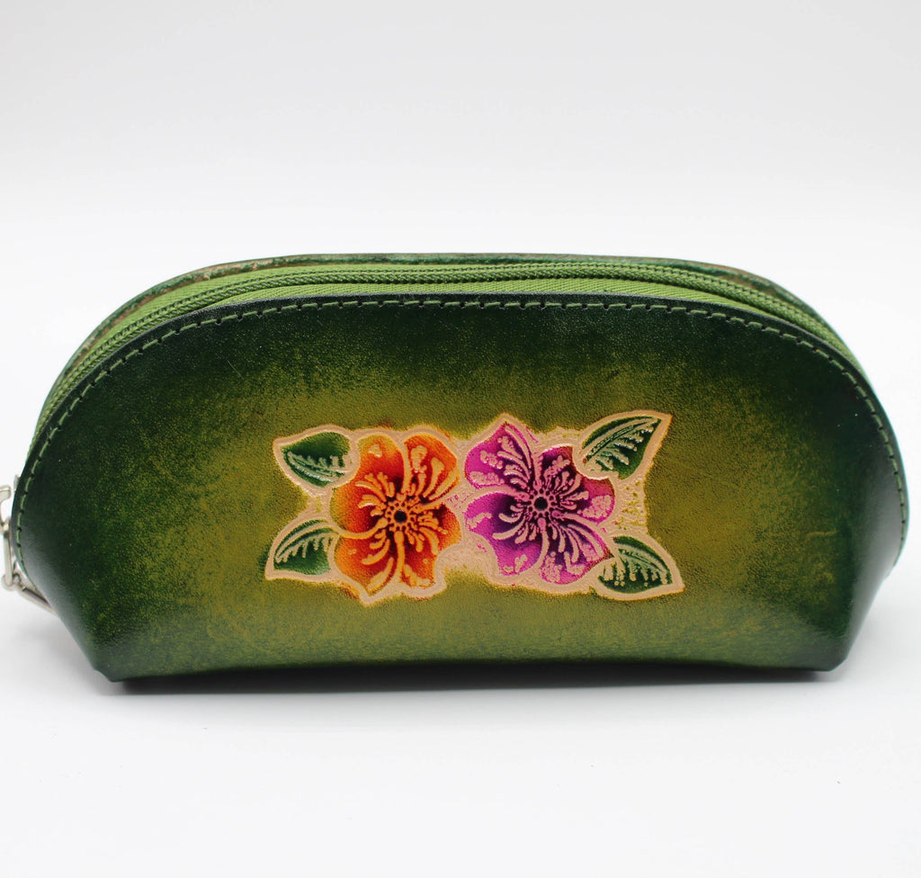Leather eyeglasses sunglasses cosmetic case hibiscus flower