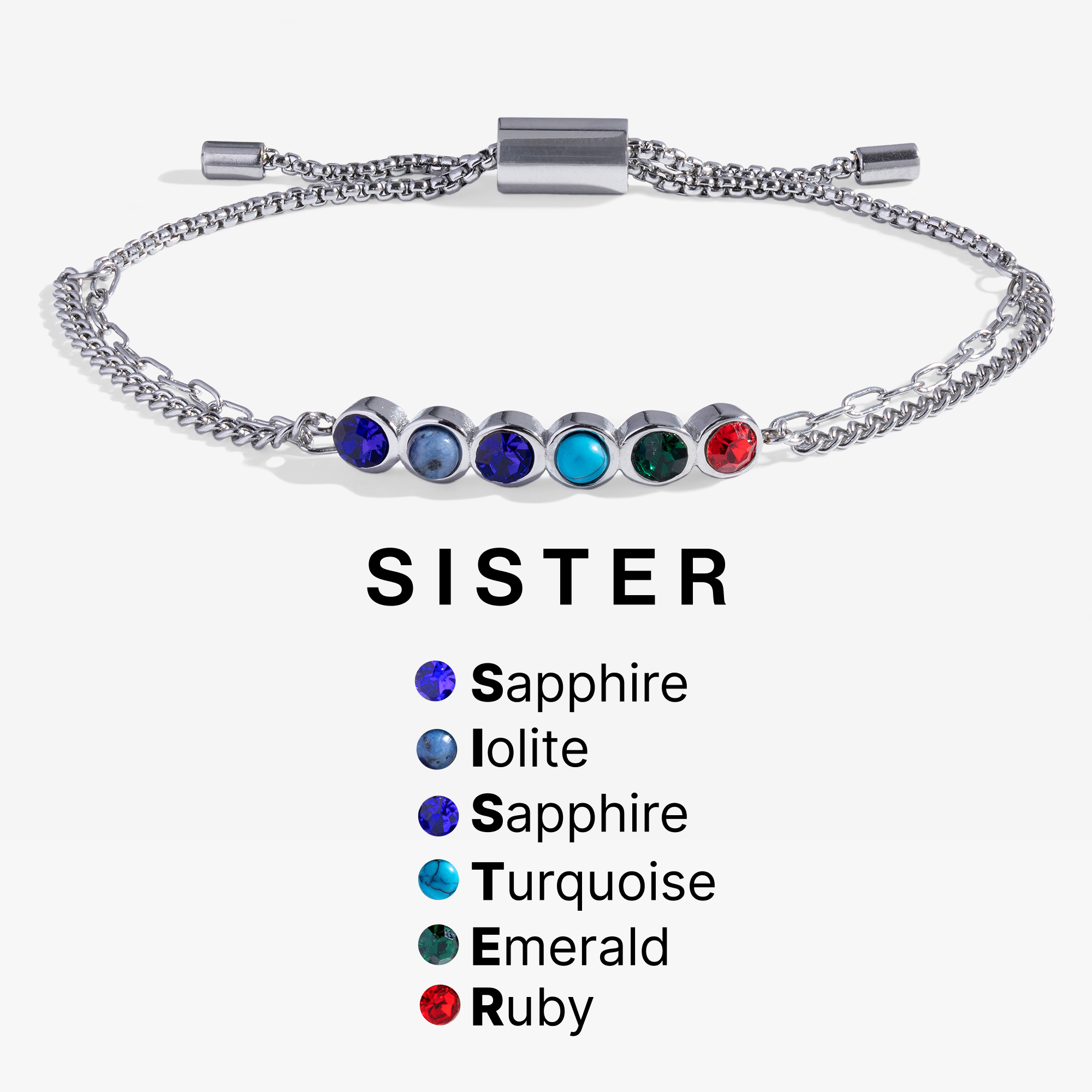 Sister Hidden Message Acrostic Bolo Bracelet: Stainless Steel Silver