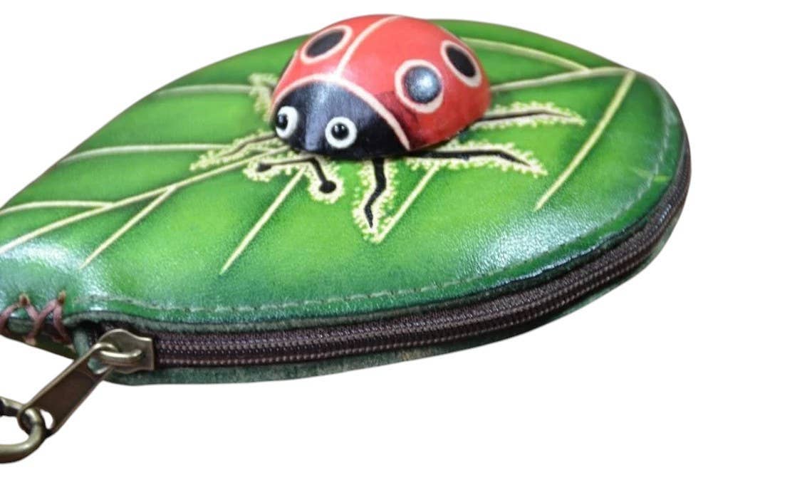 Ladybug With Leaf leather coin purse wristlet