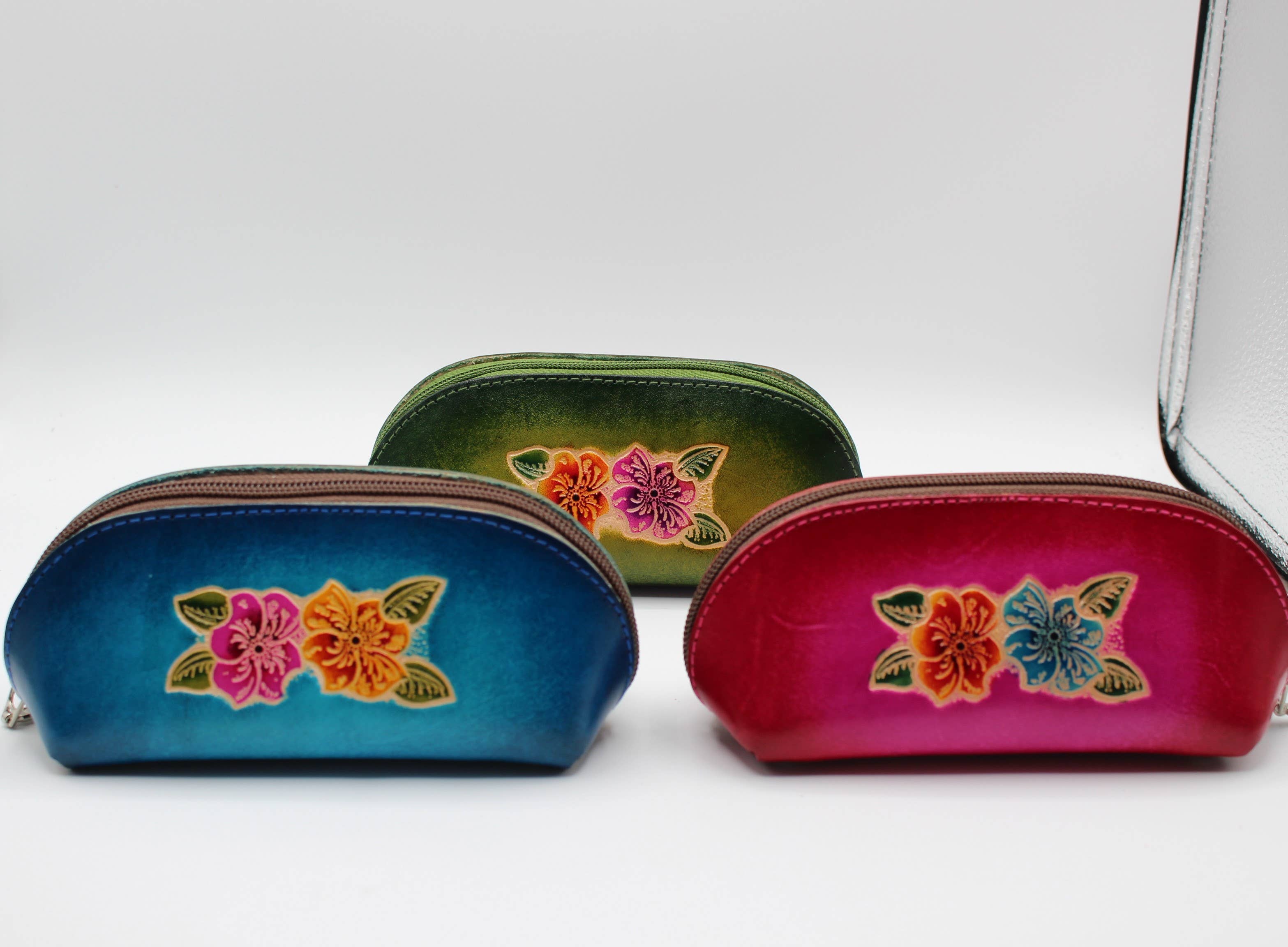 Leather eyeglasses sunglasses cosmetic case hibiscus flower