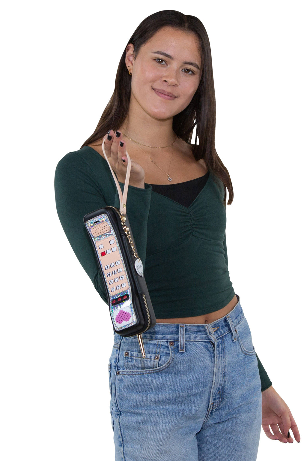 Handheld Vintage Phone Wristlet in Vinyl Material: Black