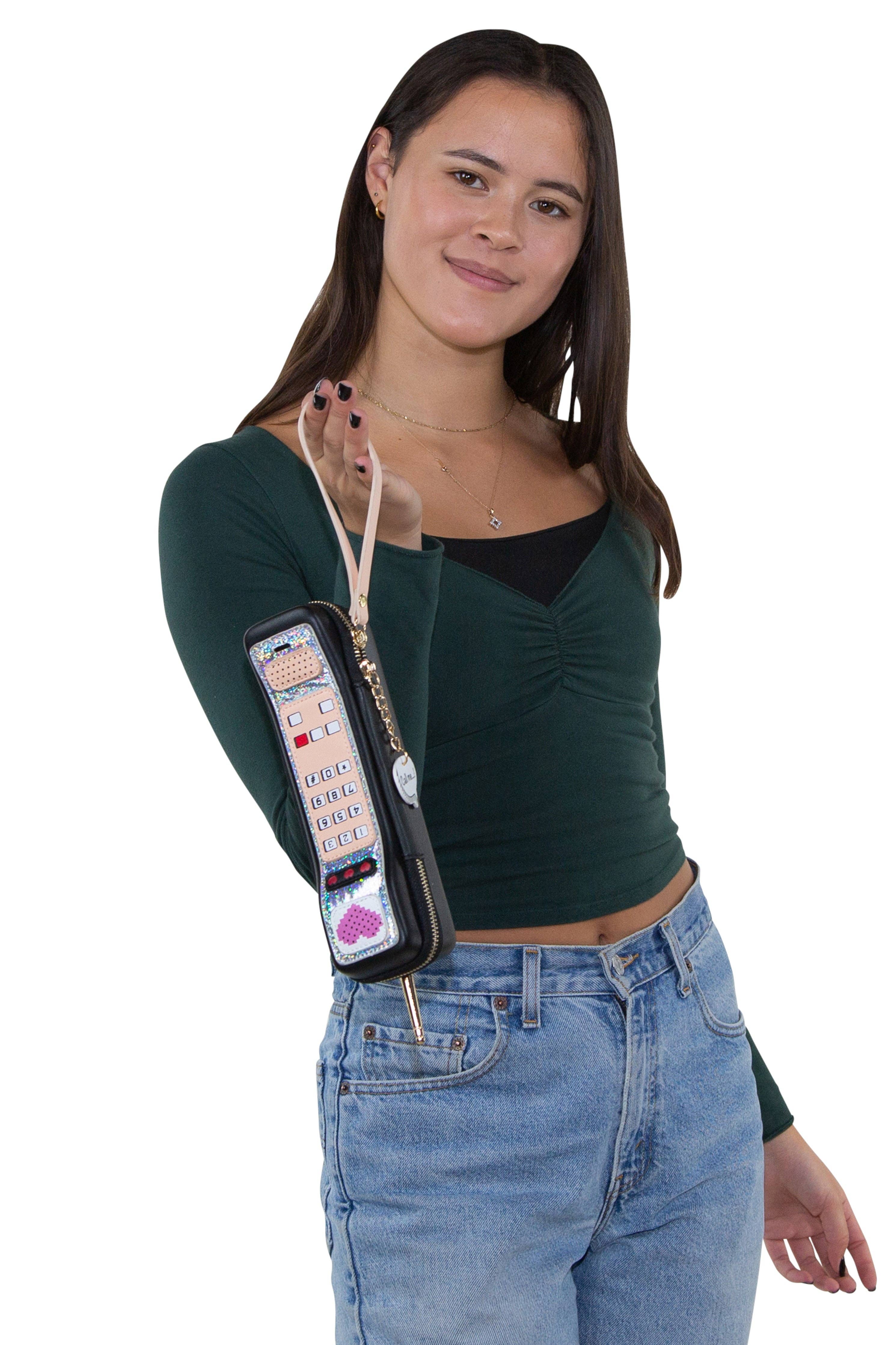 Handheld Vintage Phone Wristlet in Vinyl Material: Black