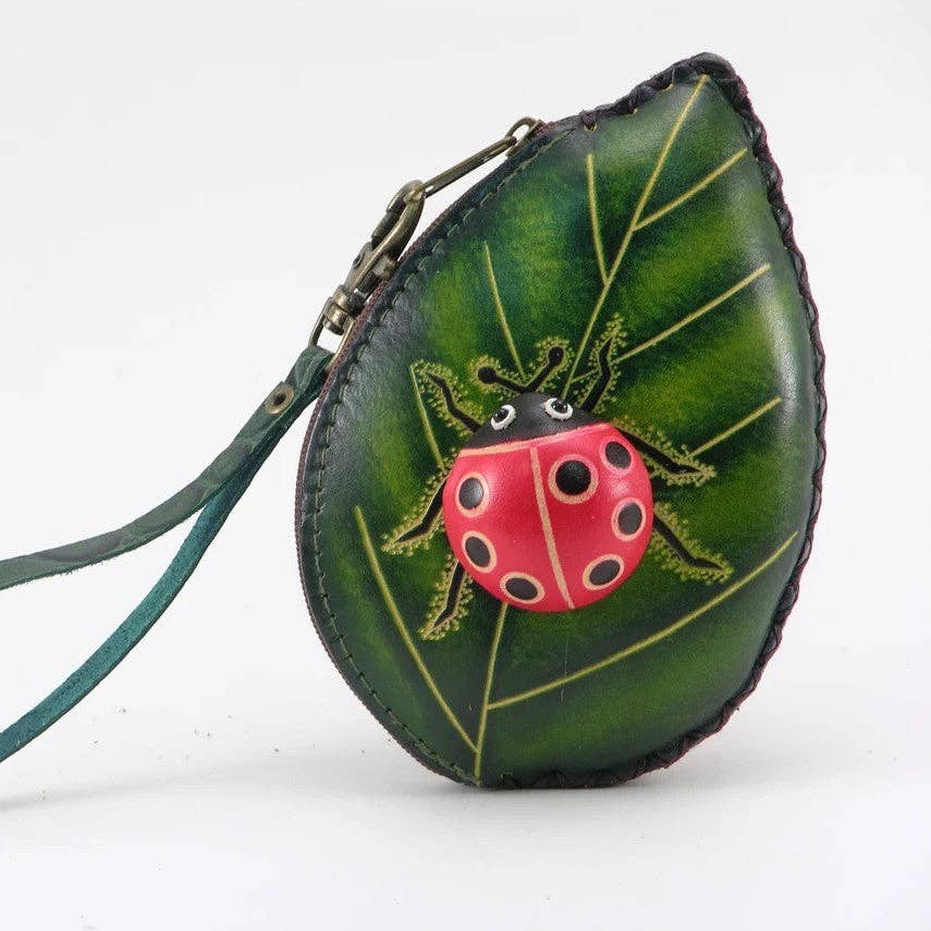 Ladybug With Leaf leather coin purse wristlet
