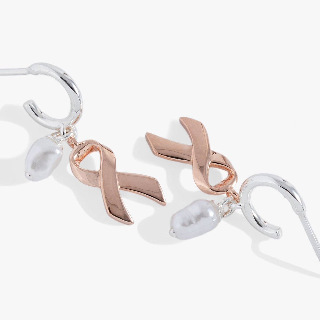 Breast Cancer Awareness Pink Ribbon Huggie Hoop Earrings: Two Tone