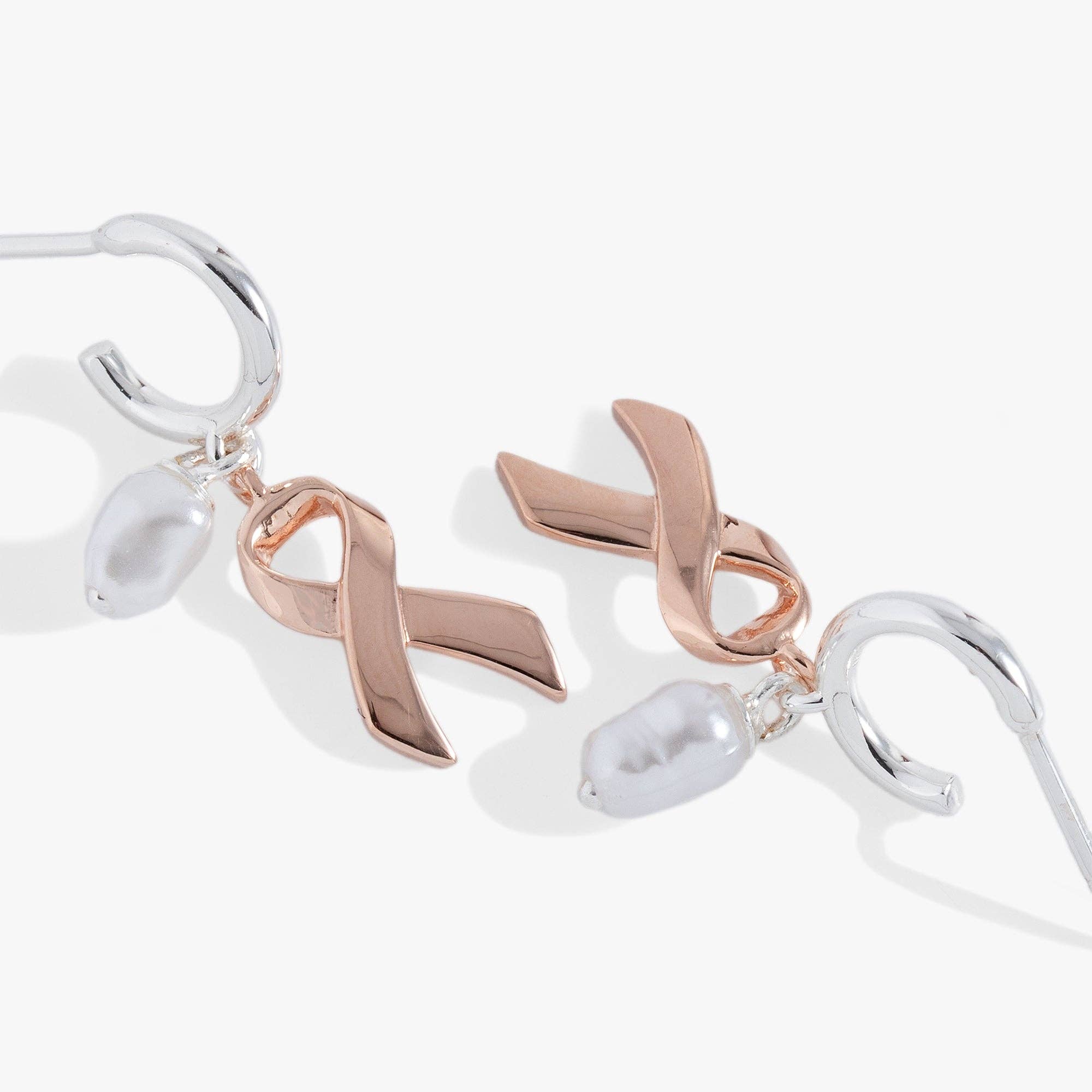 Breast Cancer Awareness Pink Ribbon Huggie Hoop Earrings: Two Tone