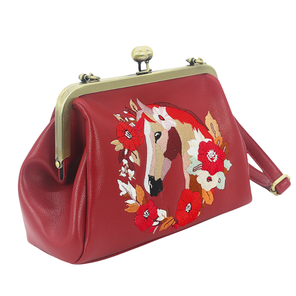 Floral Wreath Horse Kisslock Bag in Vinyl: Red