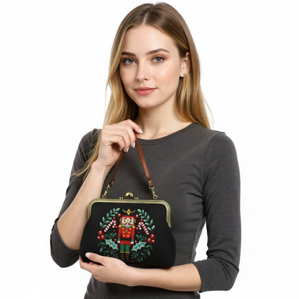 Nut Cracker Kiss Lock Bag in Linen Cotton Blend Material