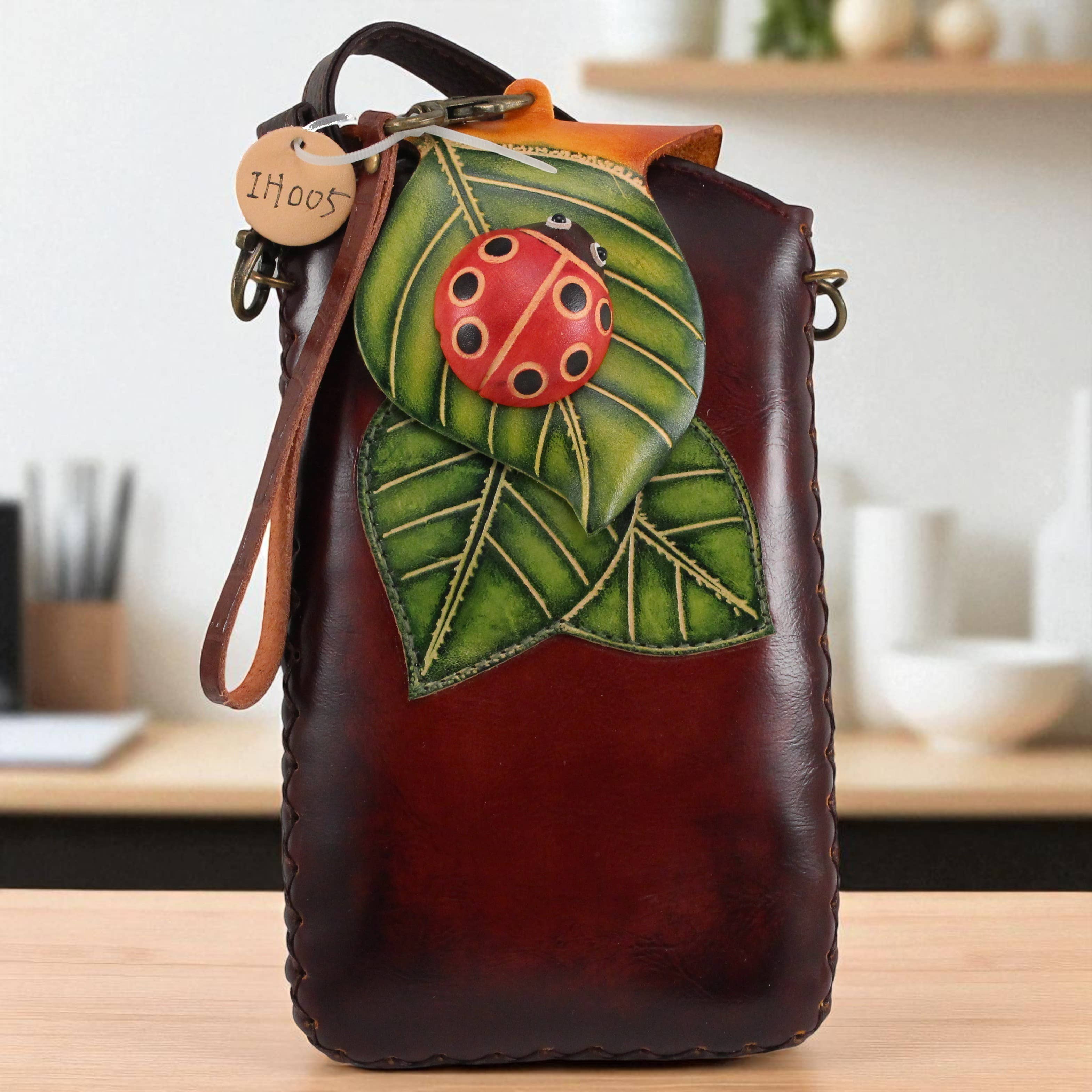 Ladybug on Leaf Handmade Leather Cell Phone Case