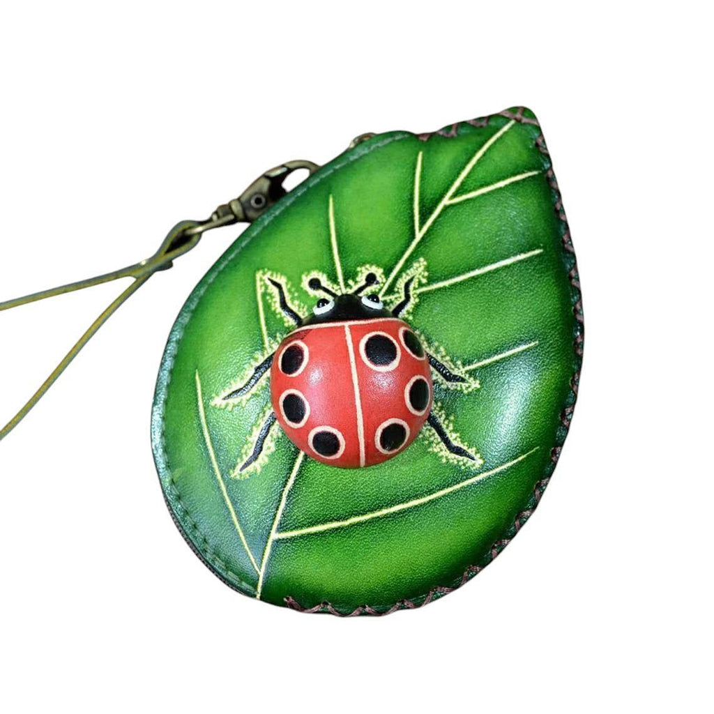 Ladybug With Leaf leather coin purse wristlet