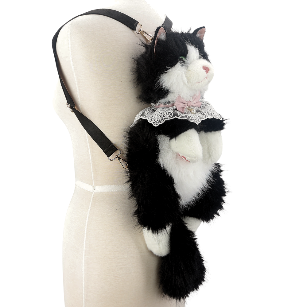 Cute Cat Plush Backpack in Polyester: White+Grey