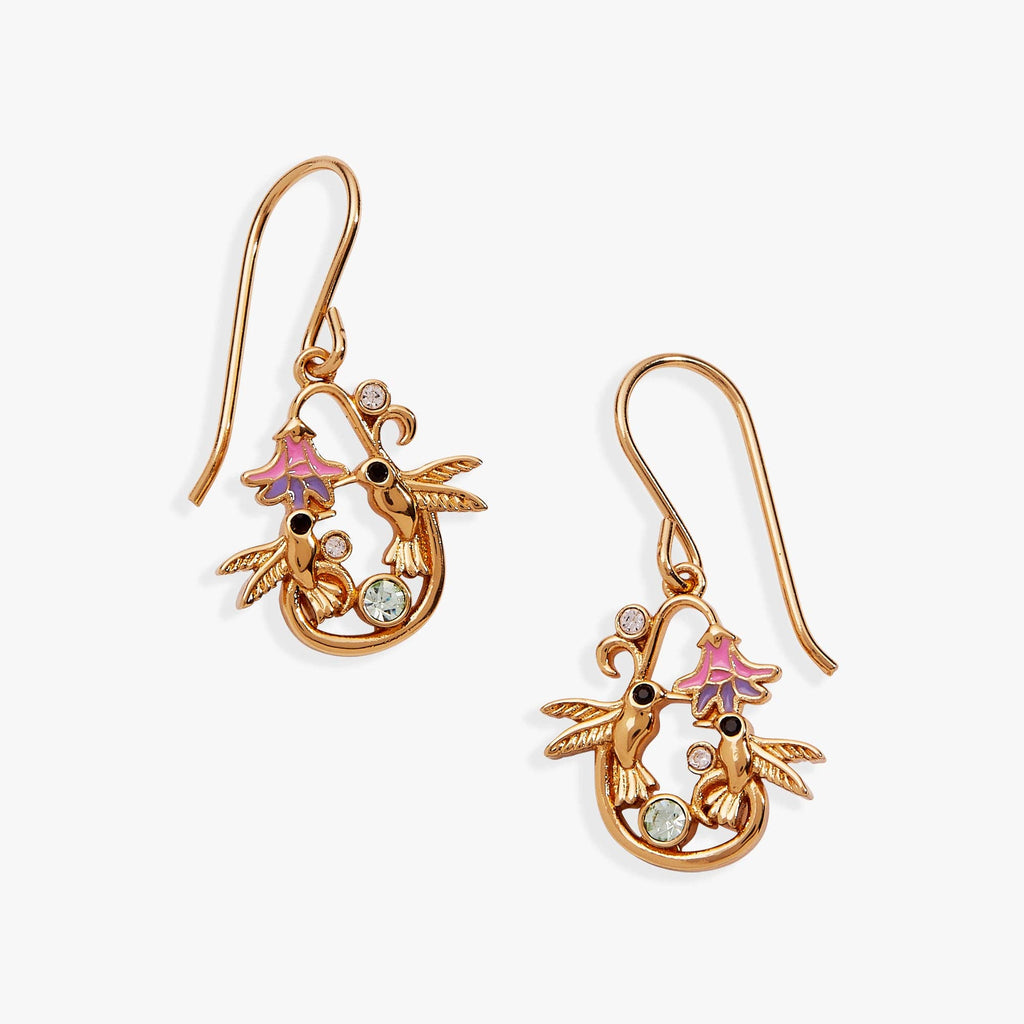 'Birds of a Feather' Hummingbird Enamel Drop Earring: Gold