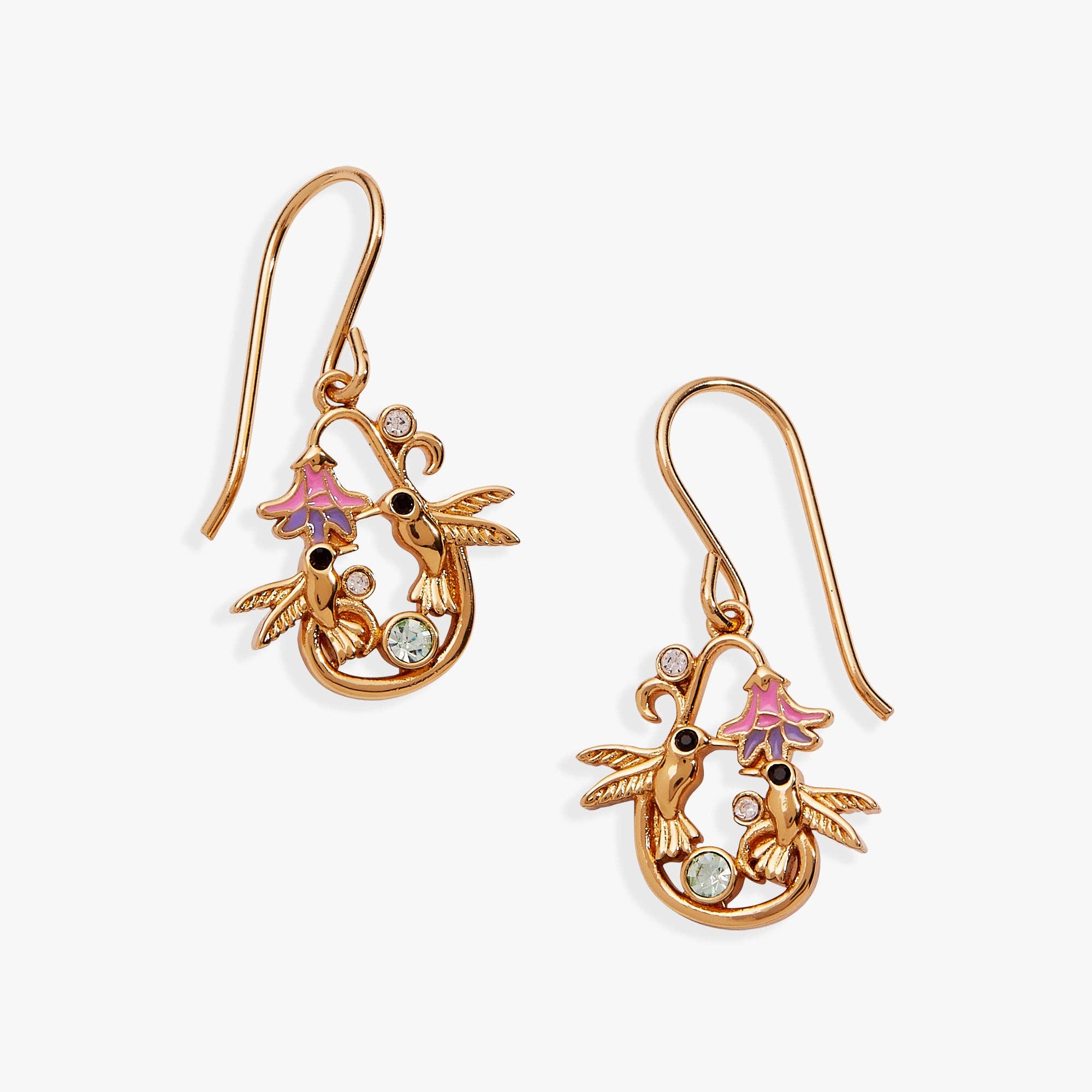 'Birds of a Feather' Hummingbird Enamel Drop Earring: Gold