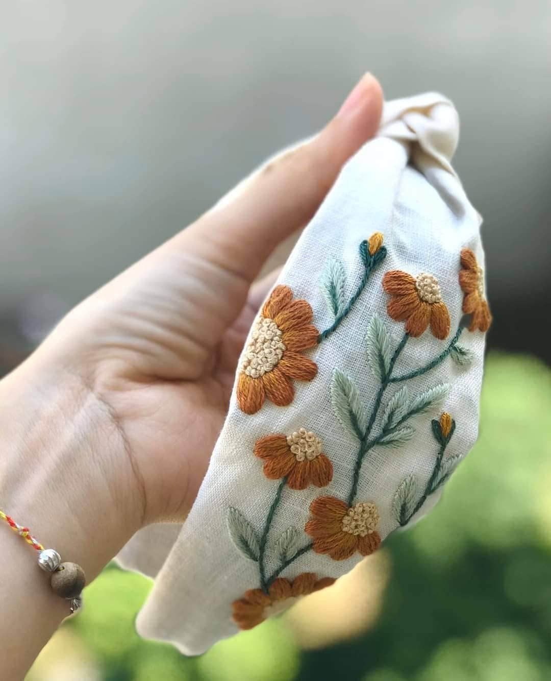 Floral Embroidered Linen Knot Turban, Camilia Collection ✅: 2.Blue Gerbera Daisy