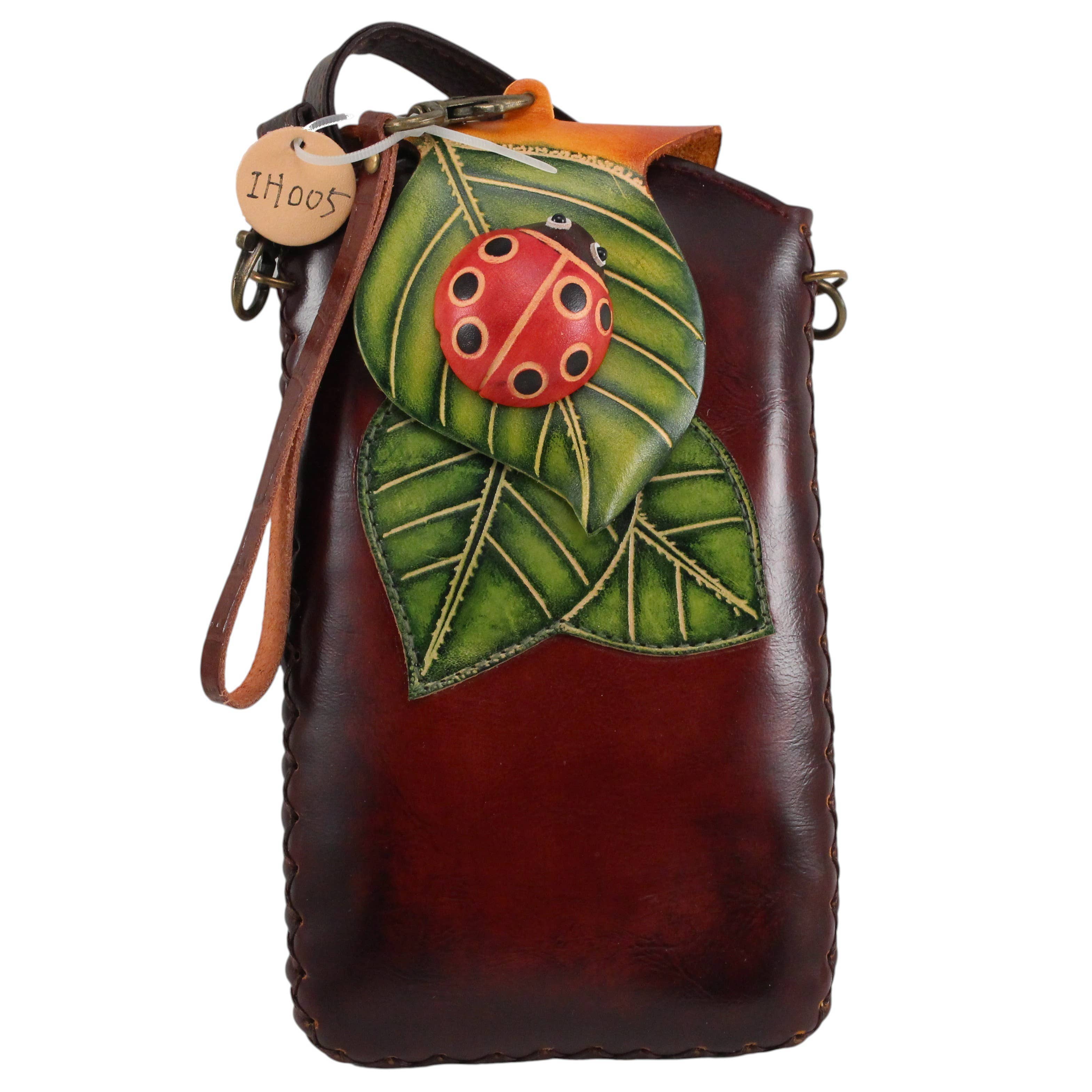 Ladybug on Leaf Handmade Leather Cell Phone Case