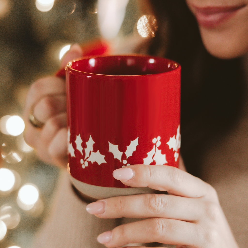Red Holly Stoneware Coffee Mug - Christmas Decor