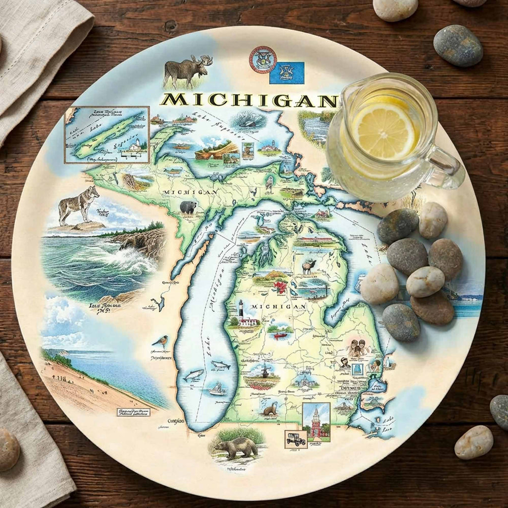 Michigan Map Wooden Serving Trays: Large Round