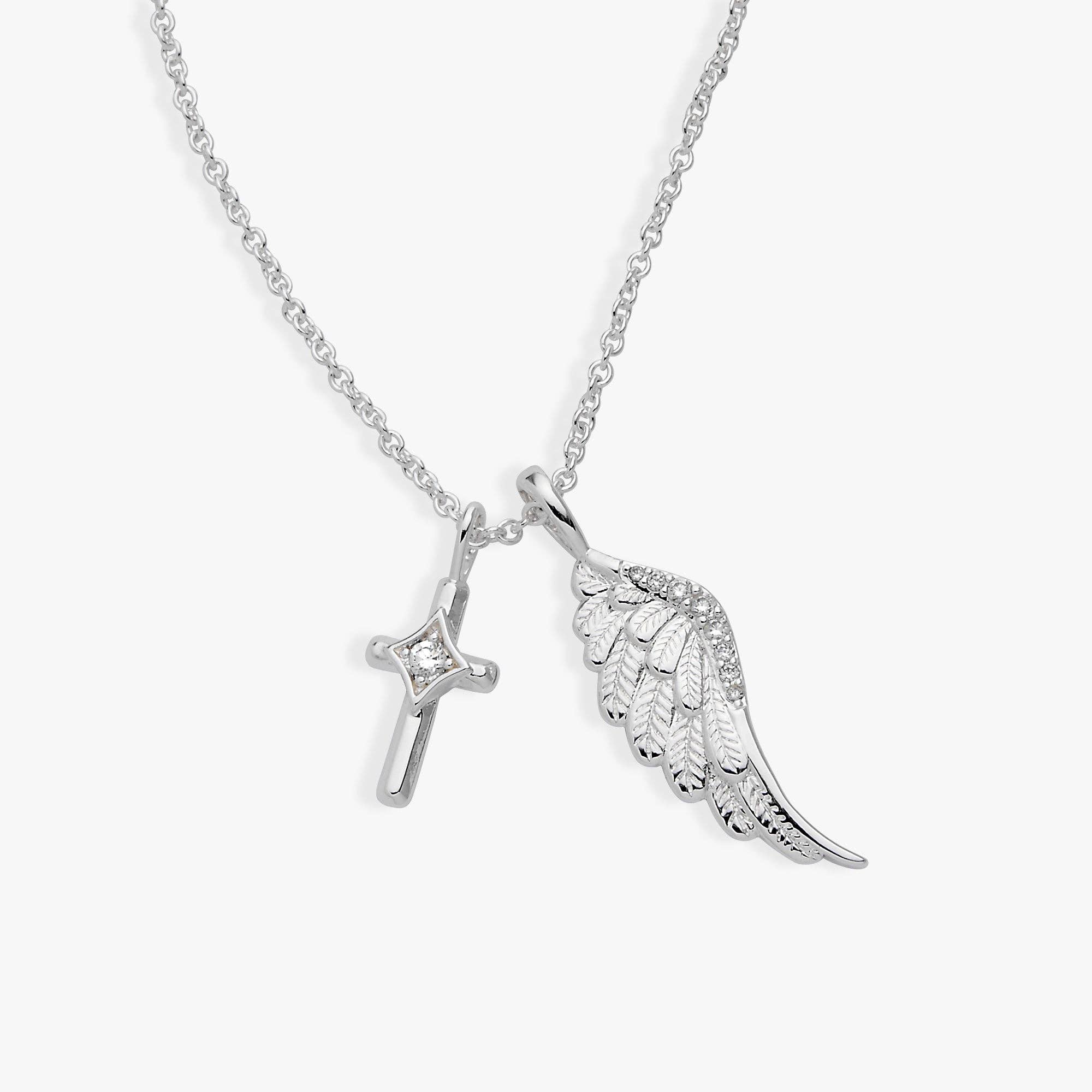 Faith Cross and Angel Wing Charm Necklace: Silver