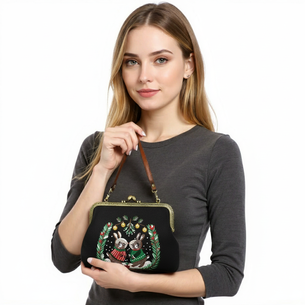 Bunnies Kissing Under Mistletoe Kiss Lock Bag in Linen Cotton Blend Material