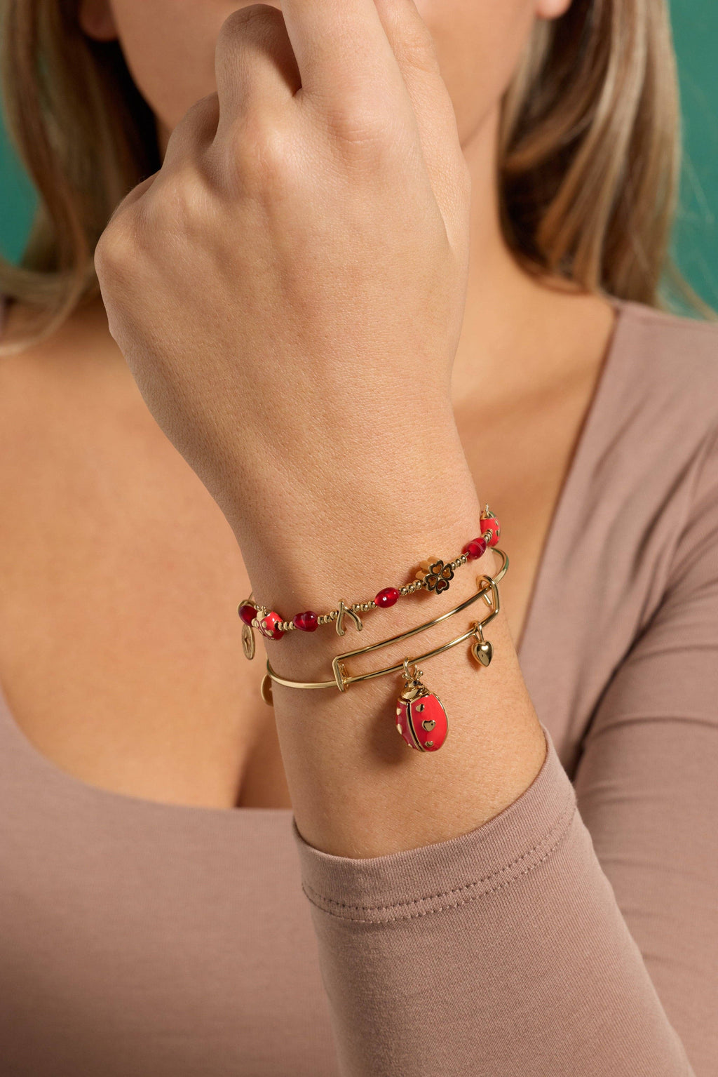 'Make Your Own Luck' Ladybug Charm Bangle: Gold