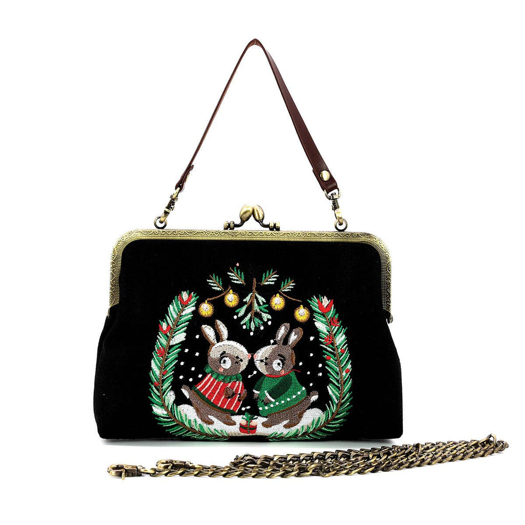 Bunnies Kissing Under Mistletoe Kiss Lock Bag in Linen Cotton Blend Material