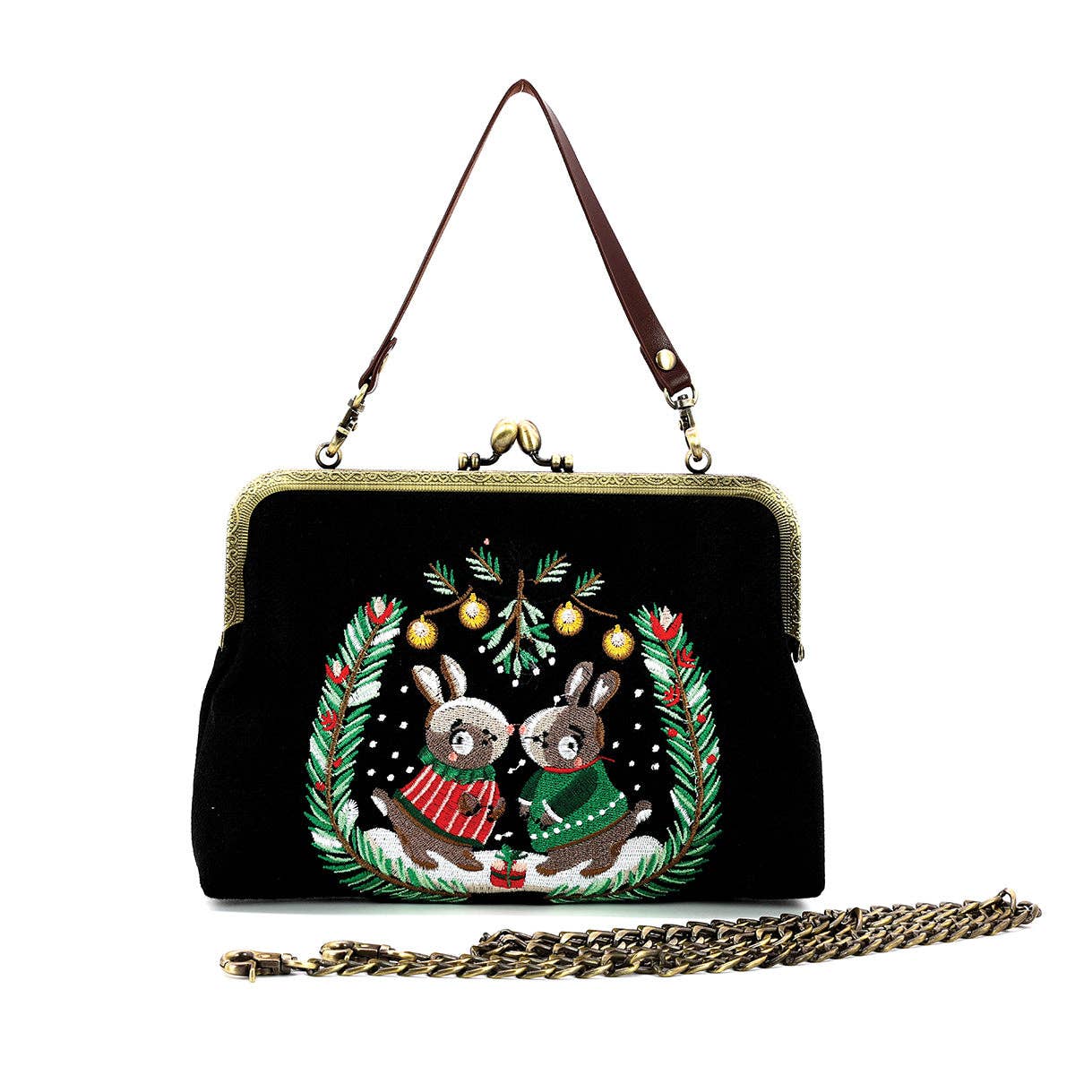 Bunnies Kissing Under Mistletoe Kiss Lock Bag in Linen Cotton Blend Material
