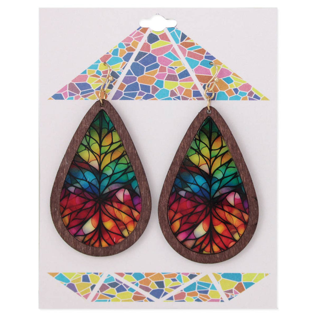 Rainbow Mosaic Stained Glass Print Wood Earrings