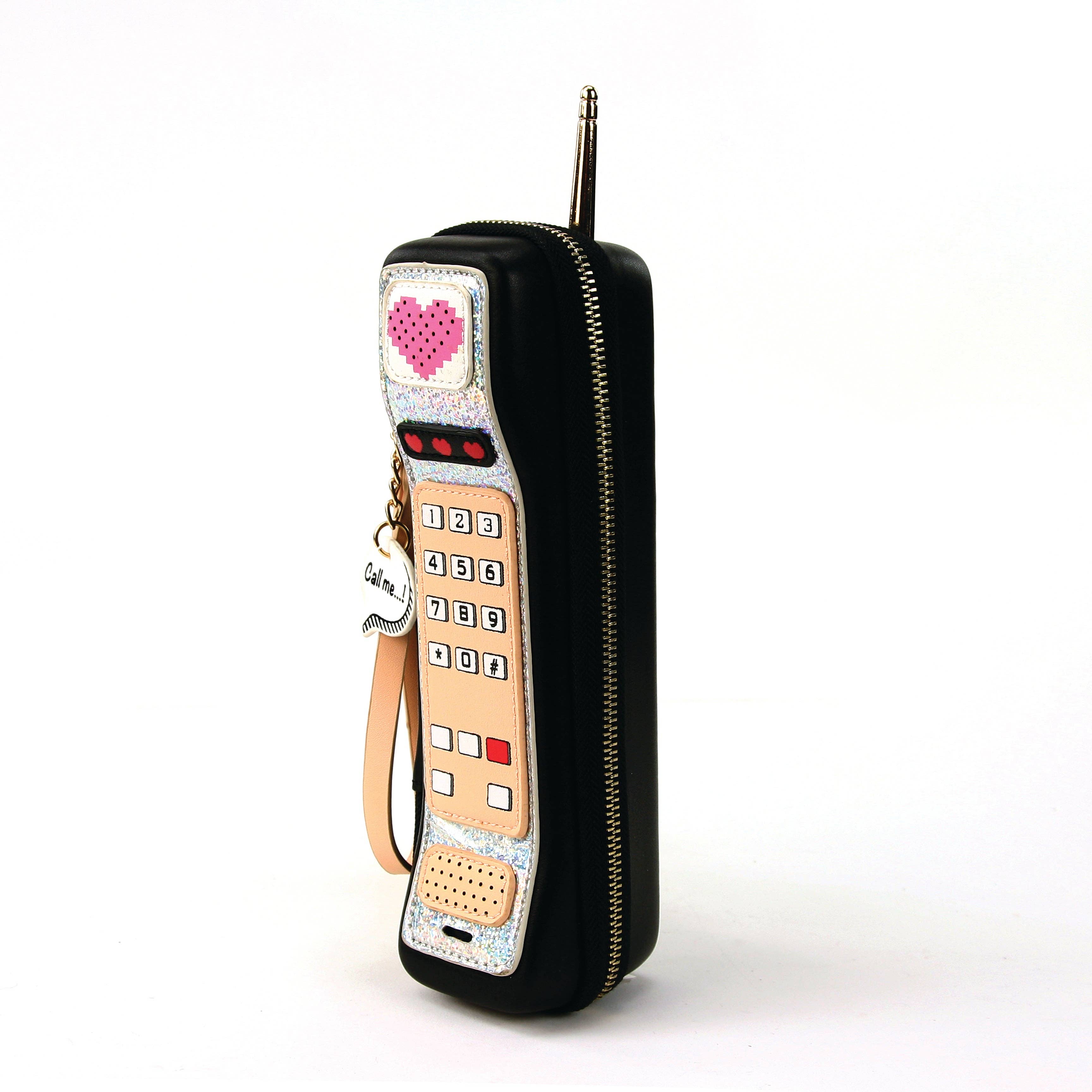 Handheld Vintage Phone Wristlet in Vinyl Material: Black
