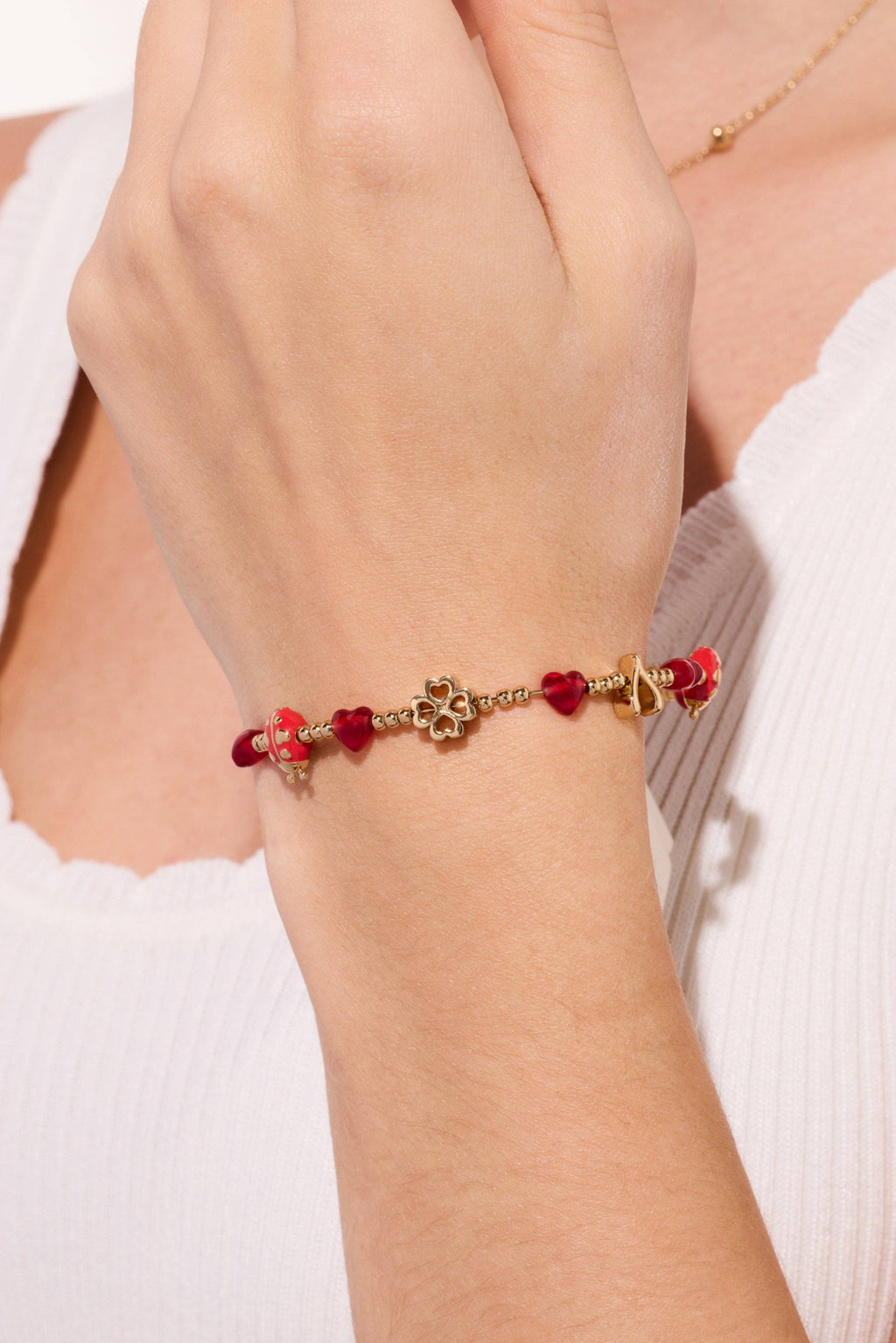 Lucky Ladybug Beaded Bangle: Gold