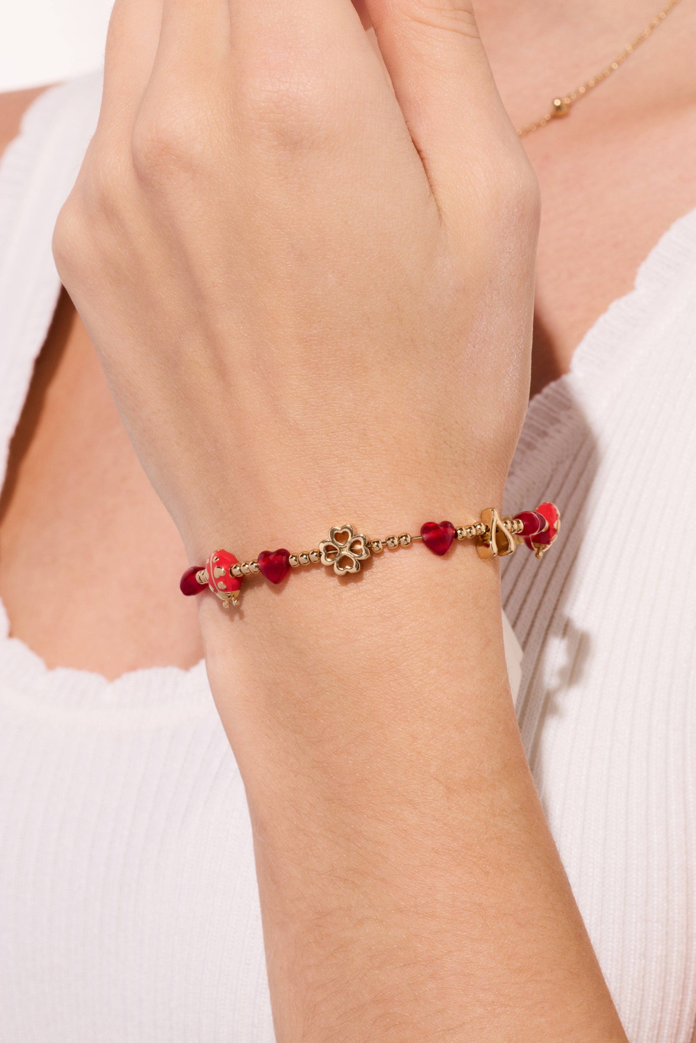 Lucky Ladybug Beaded Bangle: Gold