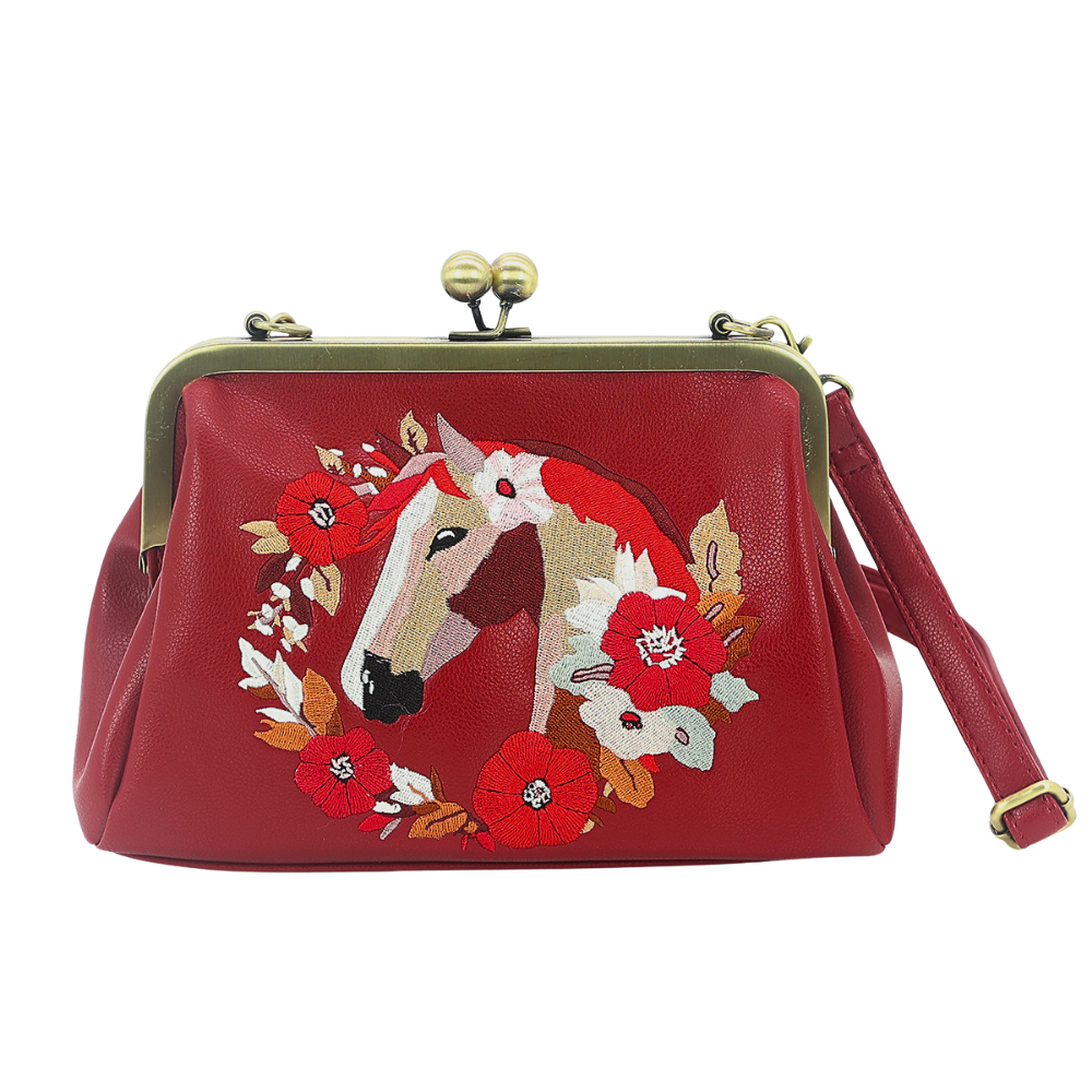 Floral Wreath Horse Kisslock Bag in Vinyl: Red