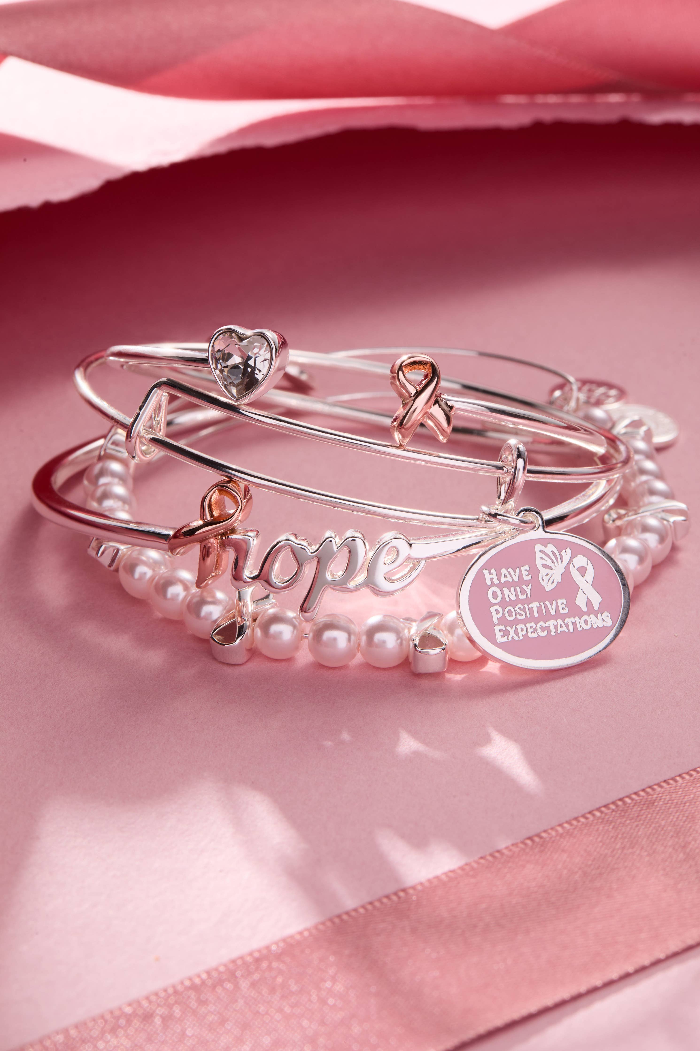 'HOPE' Breast Cancer Awareness Charm Bangle Set of 2: Silver