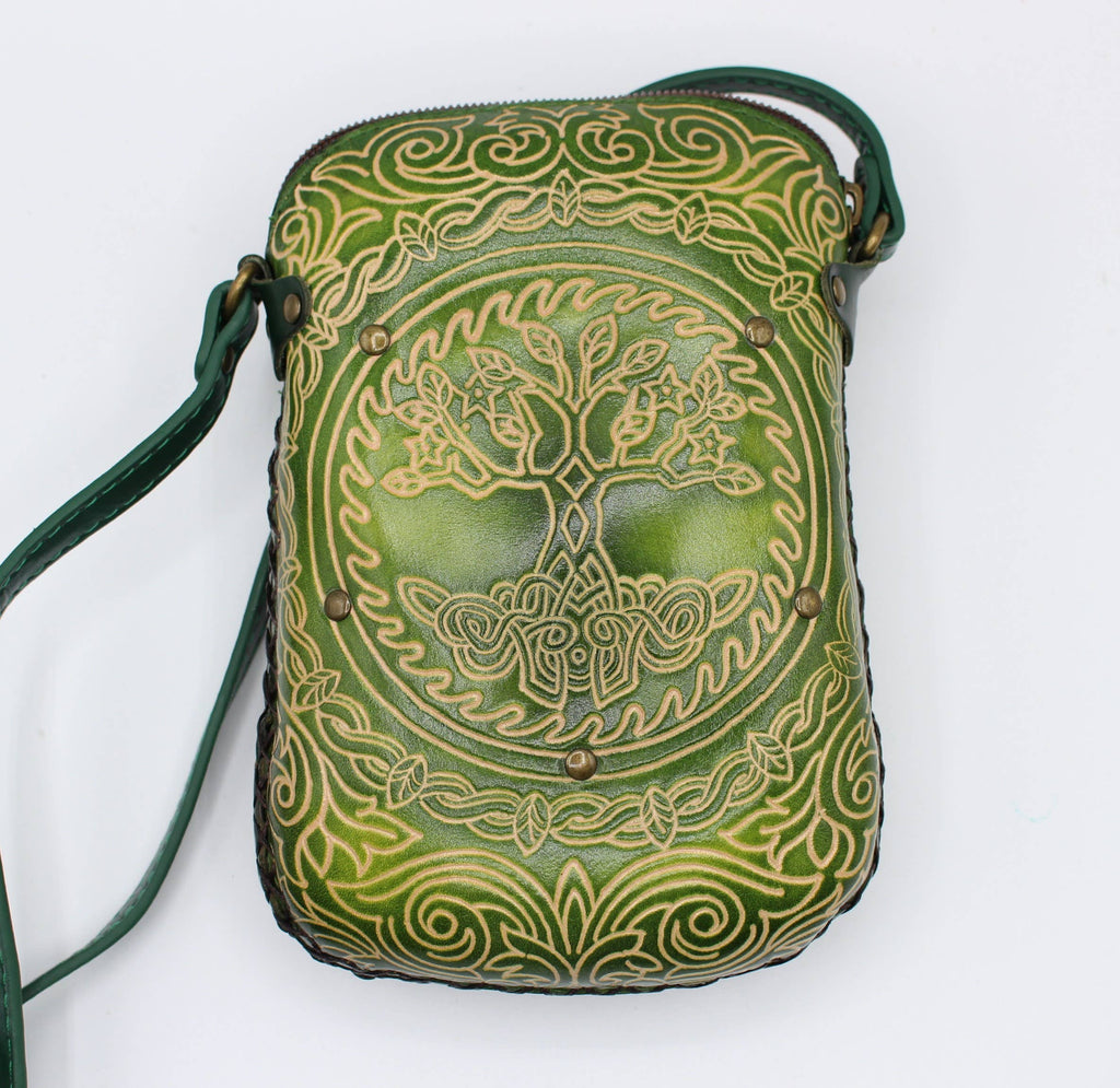 Leather Tree of Life Rectangle Pouch purse handbag: Brown