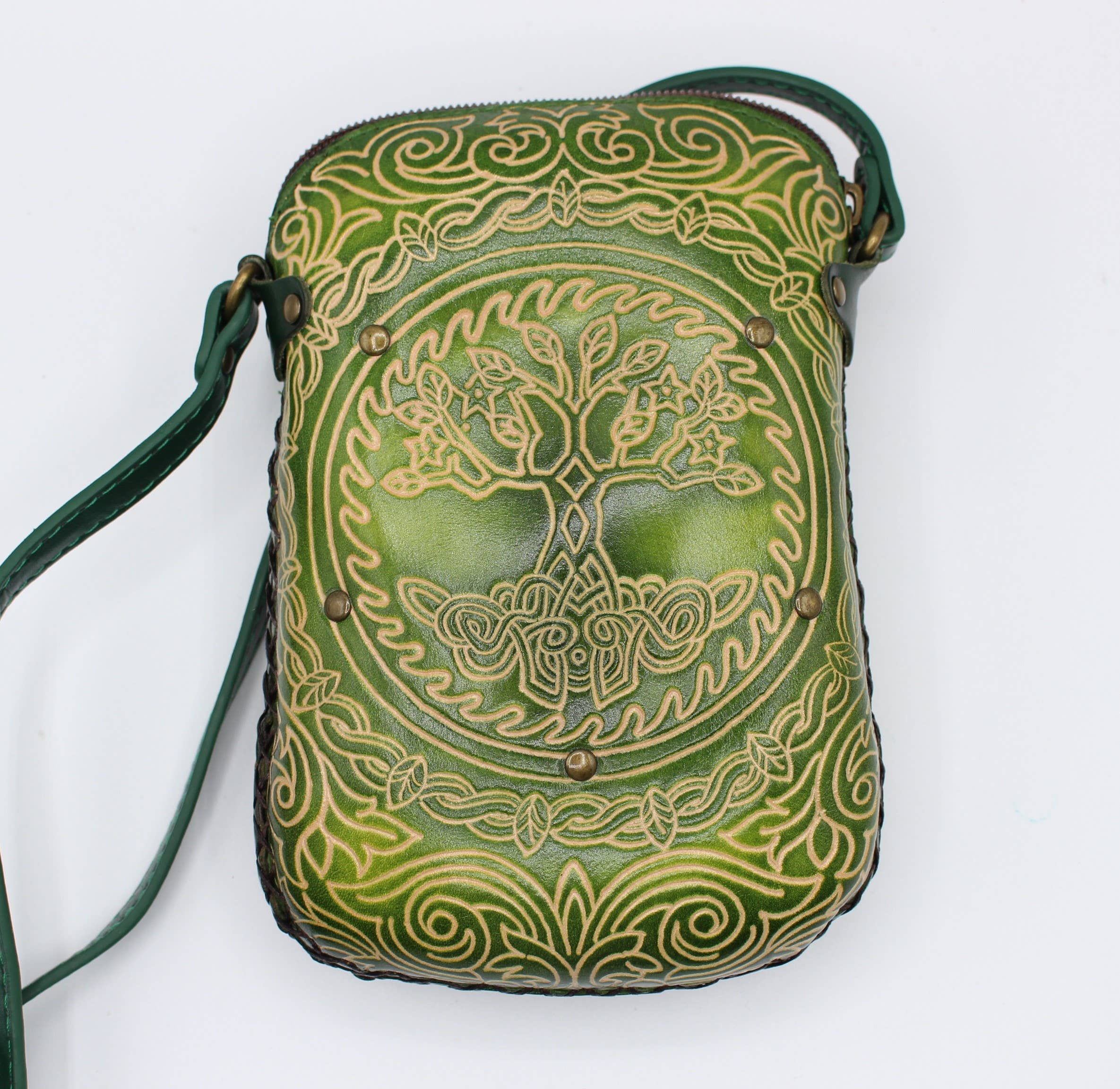 Leather Tree of Life Rectangle Pouch purse handbag: Brown