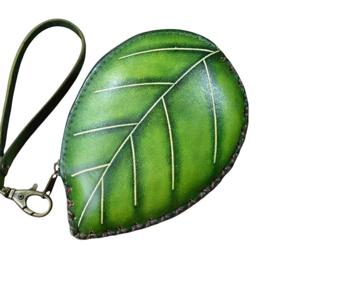 Ladybug With Leaf leather coin purse wristlet
