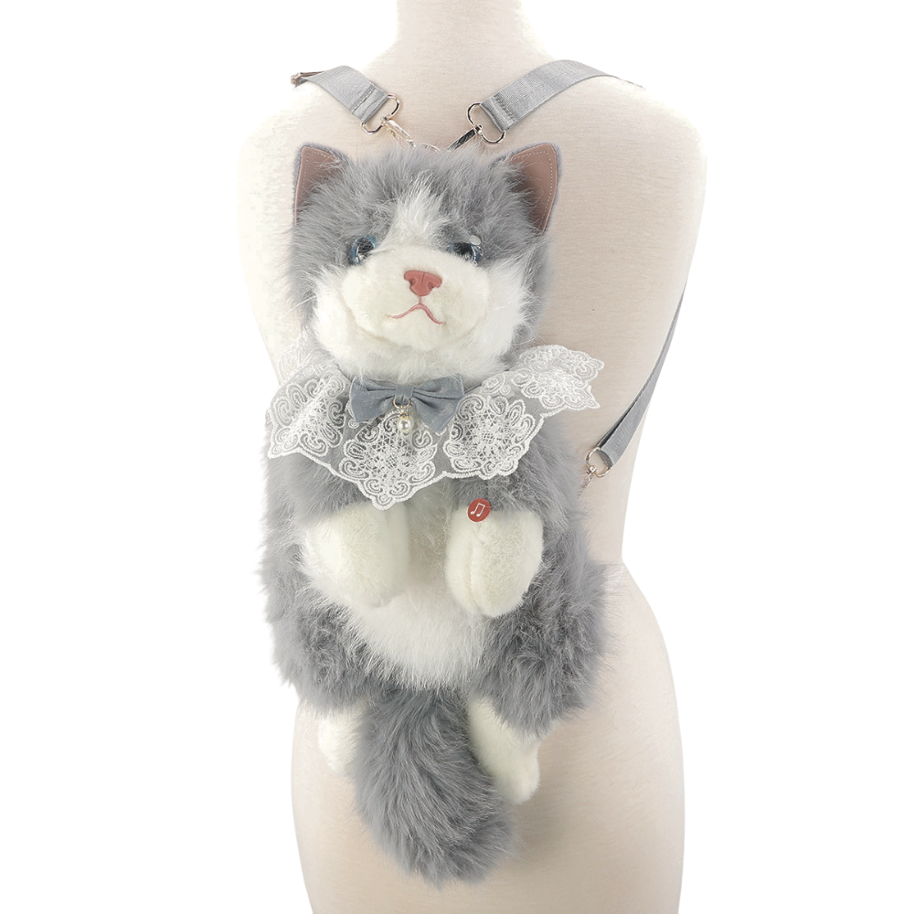 Cute Cat Plush Backpack in Polyester: White+Grey