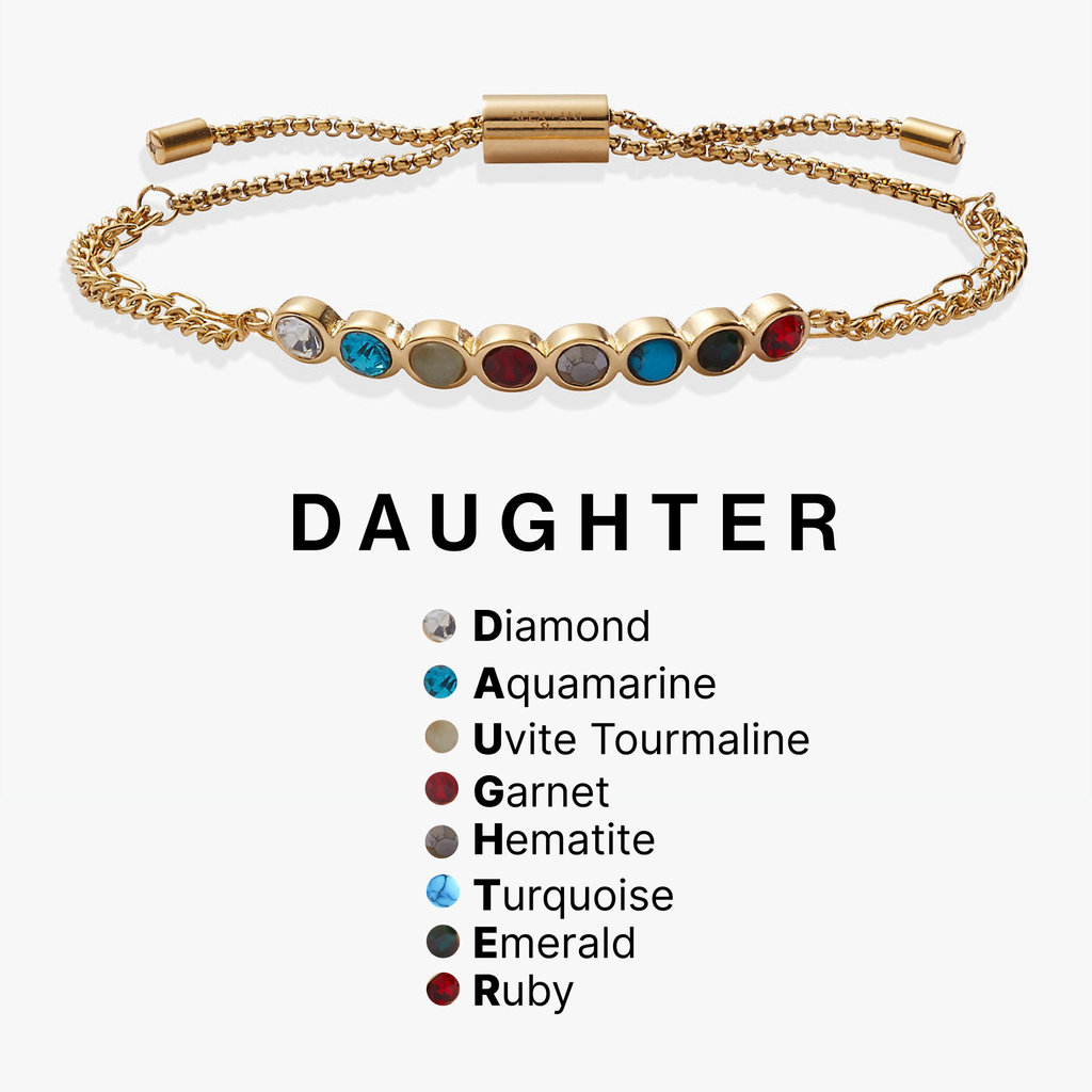 Daughter Hidden Message Acrostic Bolo Bracelet: Stainless Steel Gold