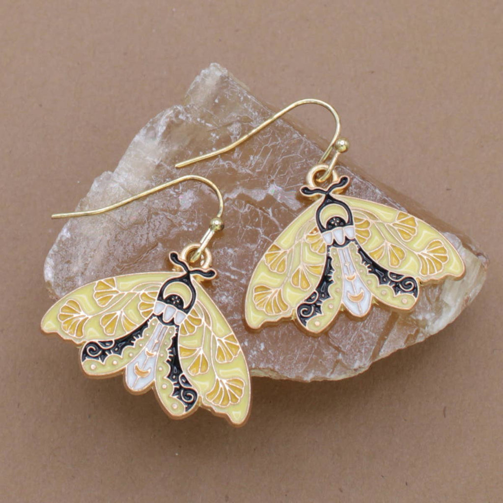 Yellow Black Enamel Moth Earrings