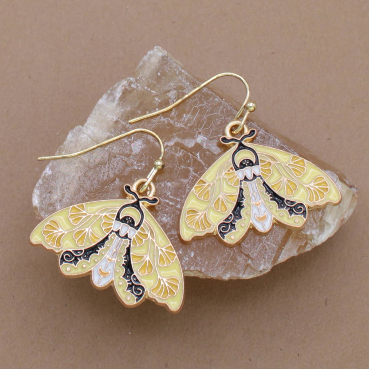 Yellow Black Enamel Moth Earrings