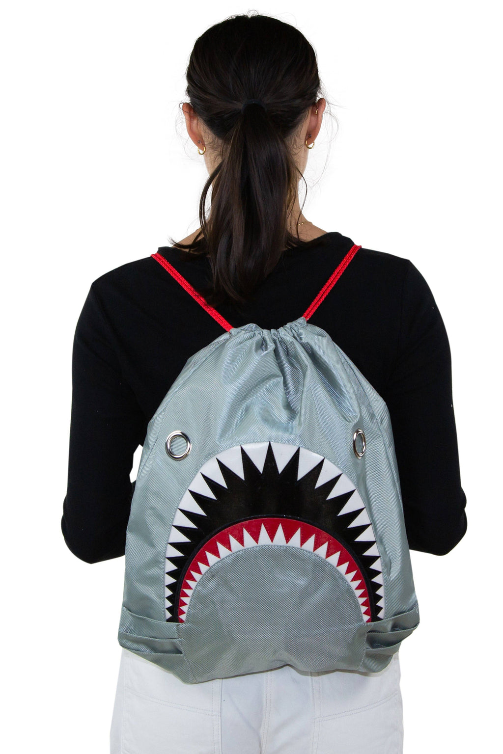 Unisex Water Resistant Nylon Shark Bite Jaws Drawstring Knap Sack Back Pack (Grey)