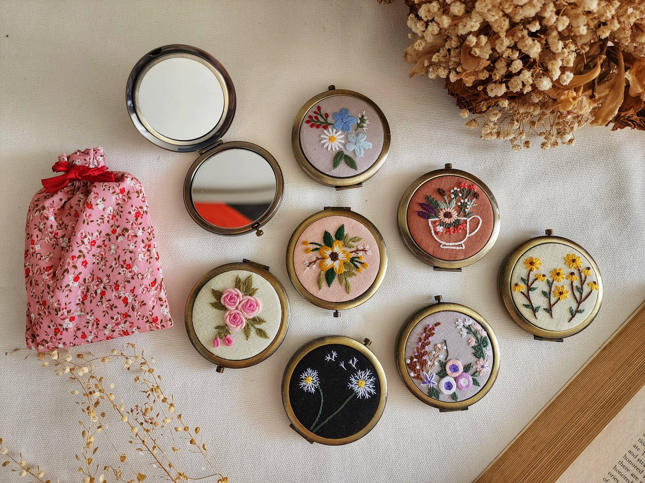 Floral Embroidered Compact Mirror, Collection Sophia ✅: 6. Yellow flower