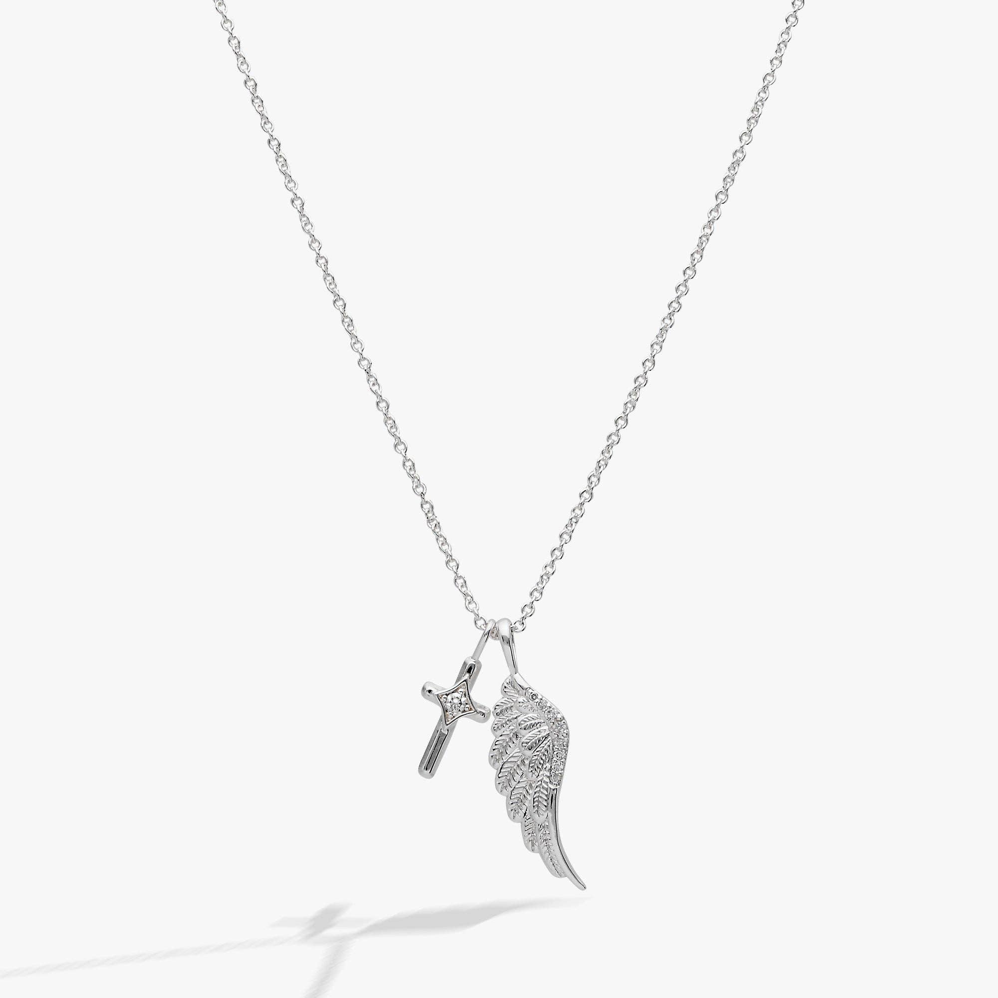 Faith Cross and Angel Wing Charm Necklace: Silver