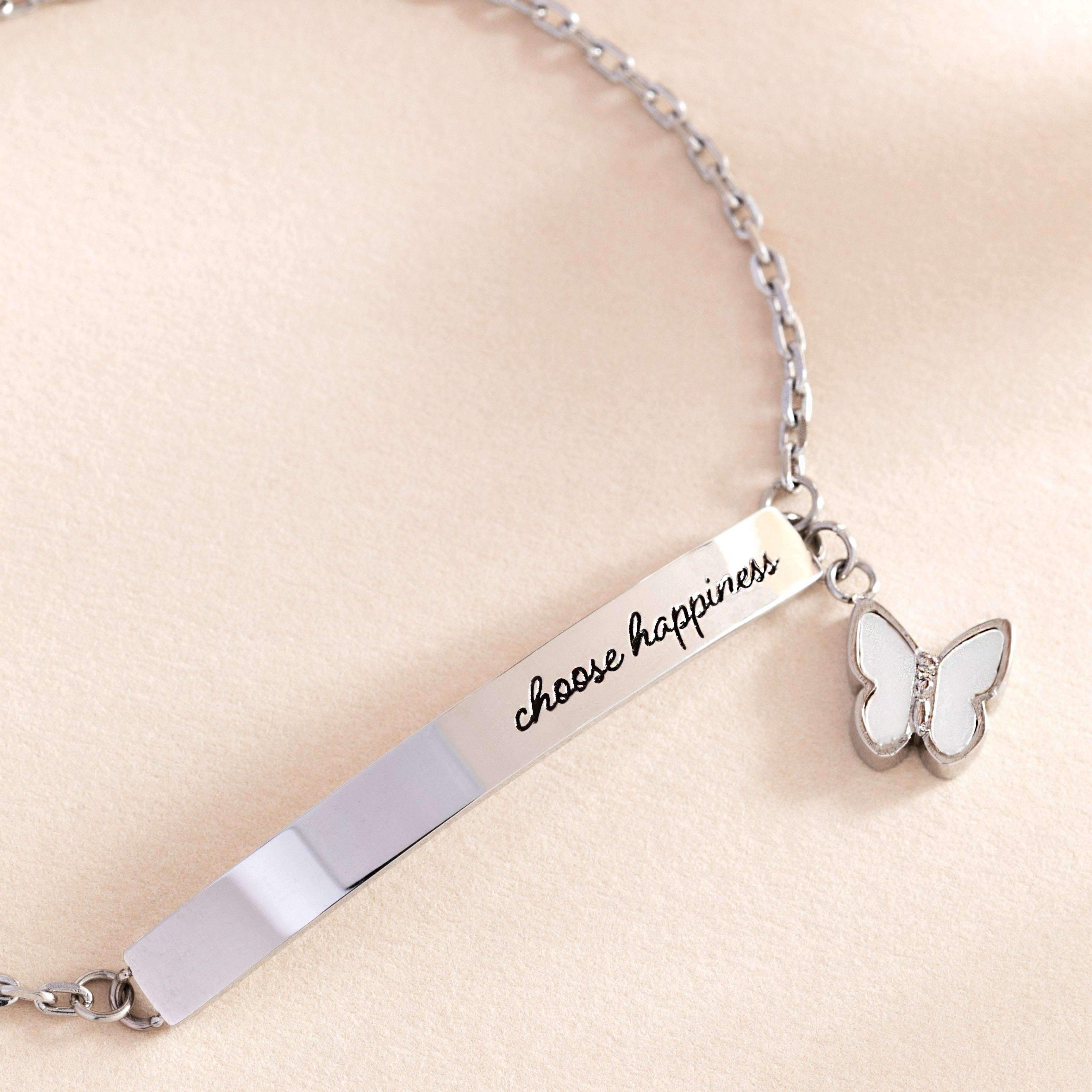 “Choose Happiness” Inline Bracelet: Stainless Steel Silver
